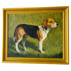 Perro Beagle Retrato En Lienzo Cuadro Firmado En Marco Dorado