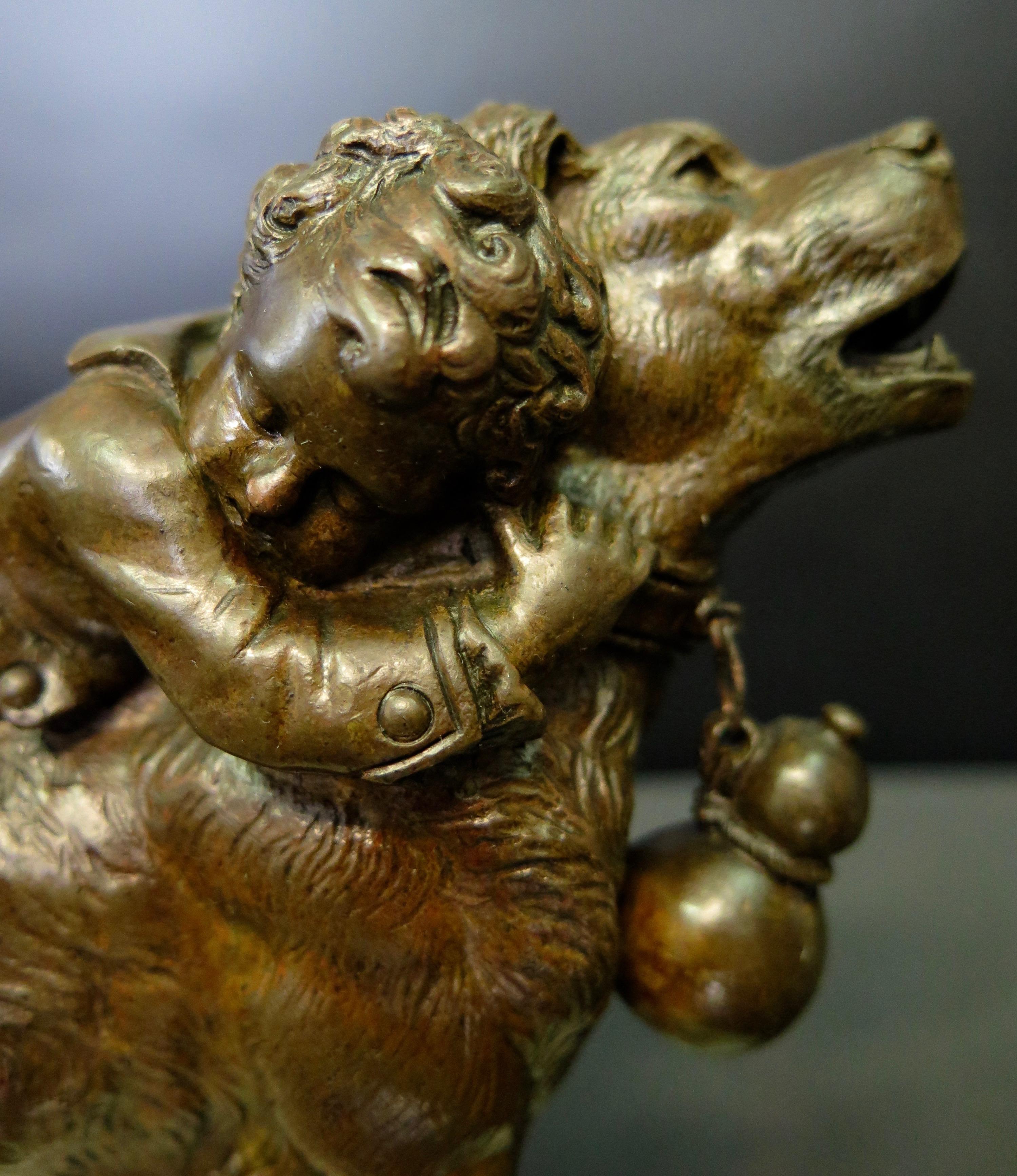 Marble Dog & Child, Bronze by Joseph Francois Victor Chemin For Sale