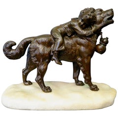 Antique Dog & Child, Bronze by Joseph Francois Victor Chemin