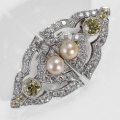 Yellow Diamonds & Natural Pearls, Platinum, GIA, Art Deco Brooch or Dog Collar