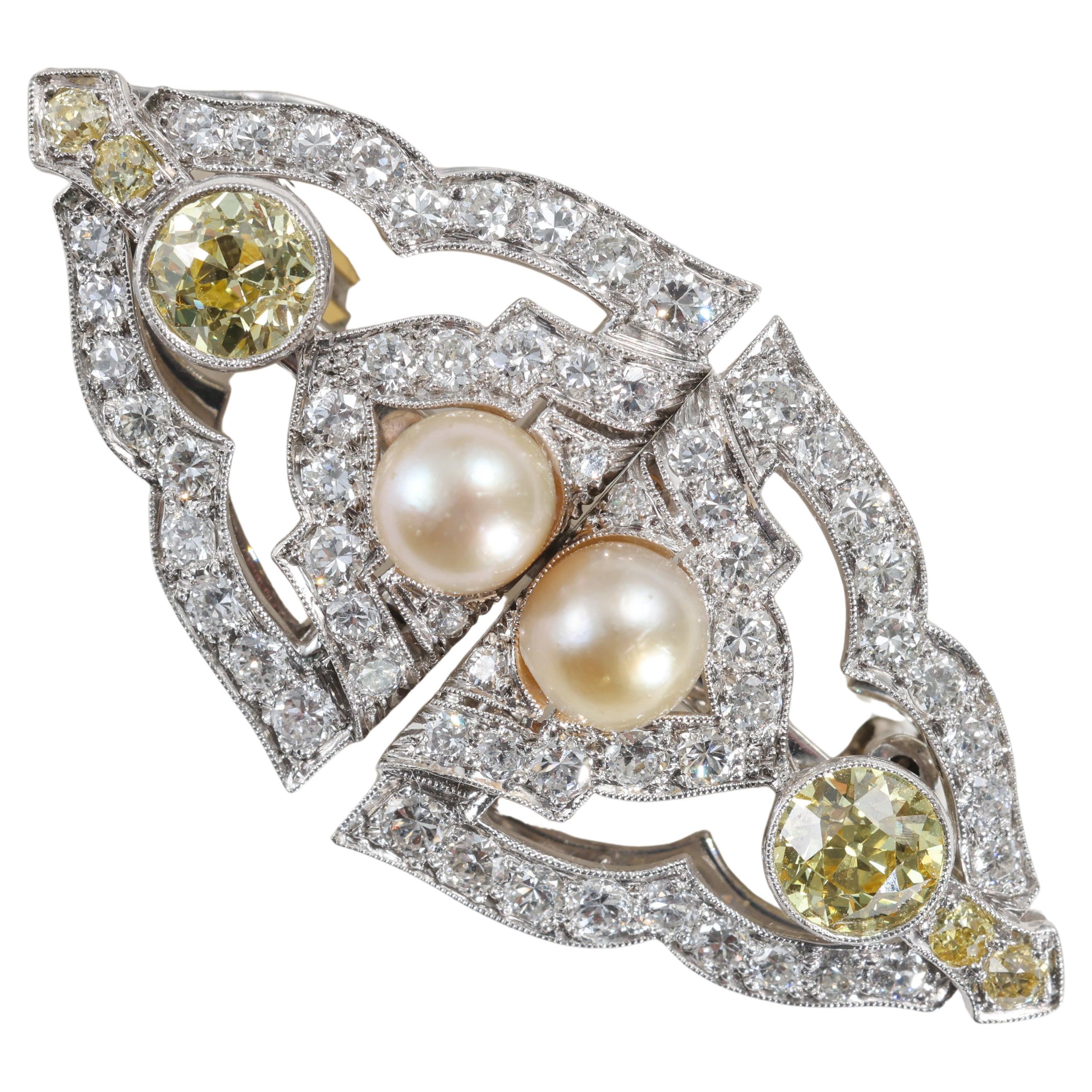 Dog Collar, Brooch: Art Deco Yellow Diamonds & Natural Pearls, Platinum, GIA For Sale