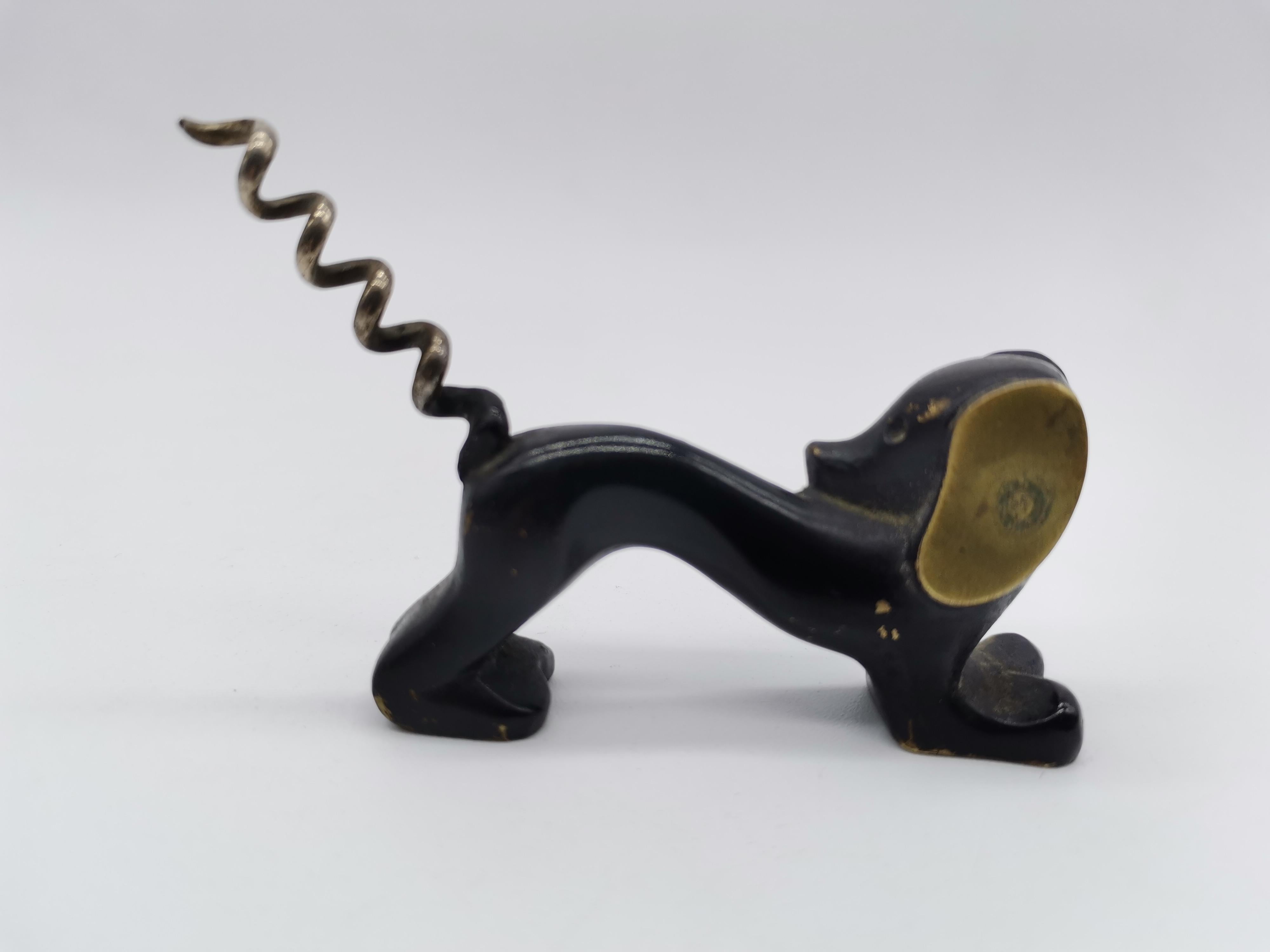 Austrian Dog Cork Screw, Brass Blackened, in Style of Walter Bosse, Austria