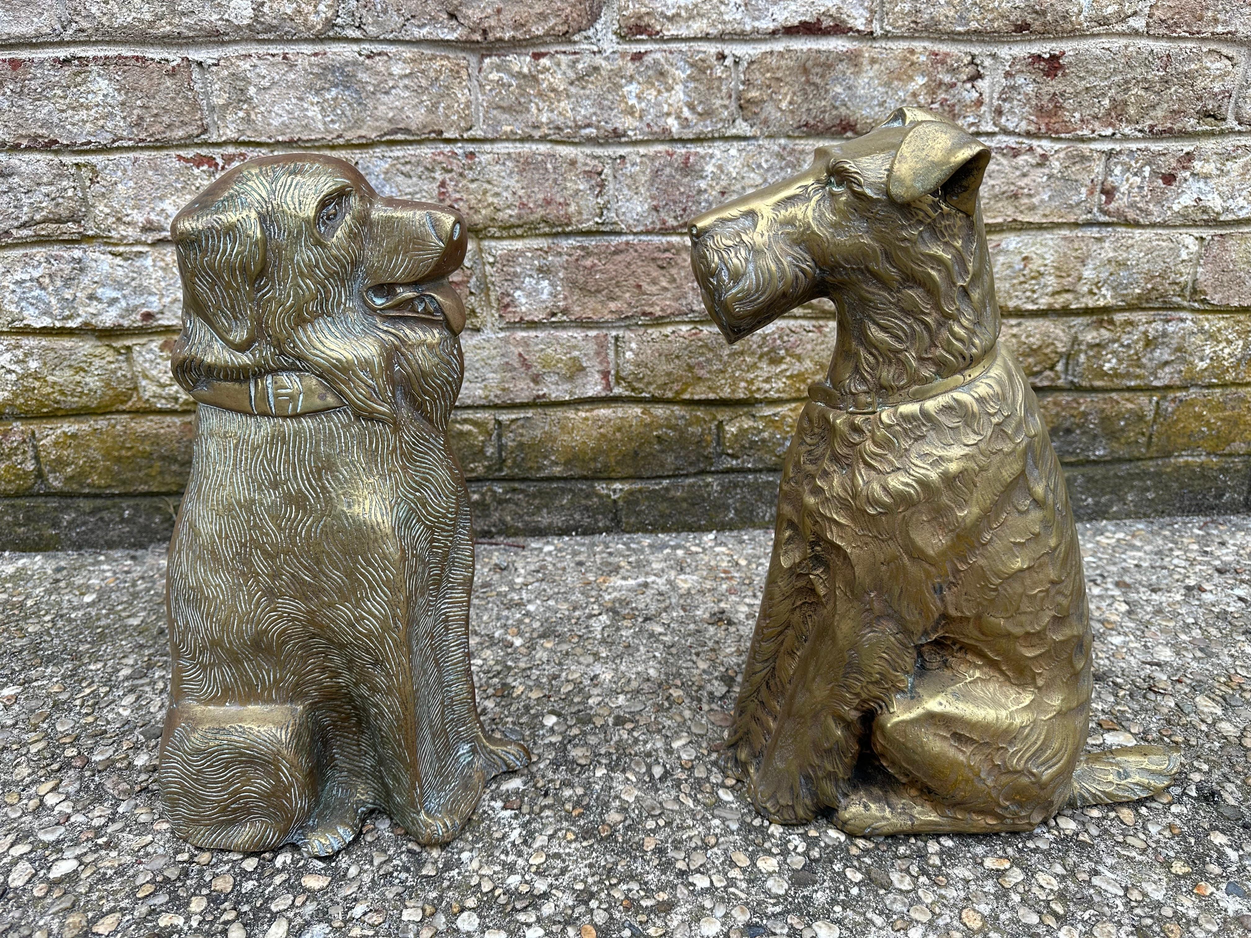 Very unique pair of brass dogs that disguise fireplace tools behind.... brass labrador retriever with brass tongs measures 16