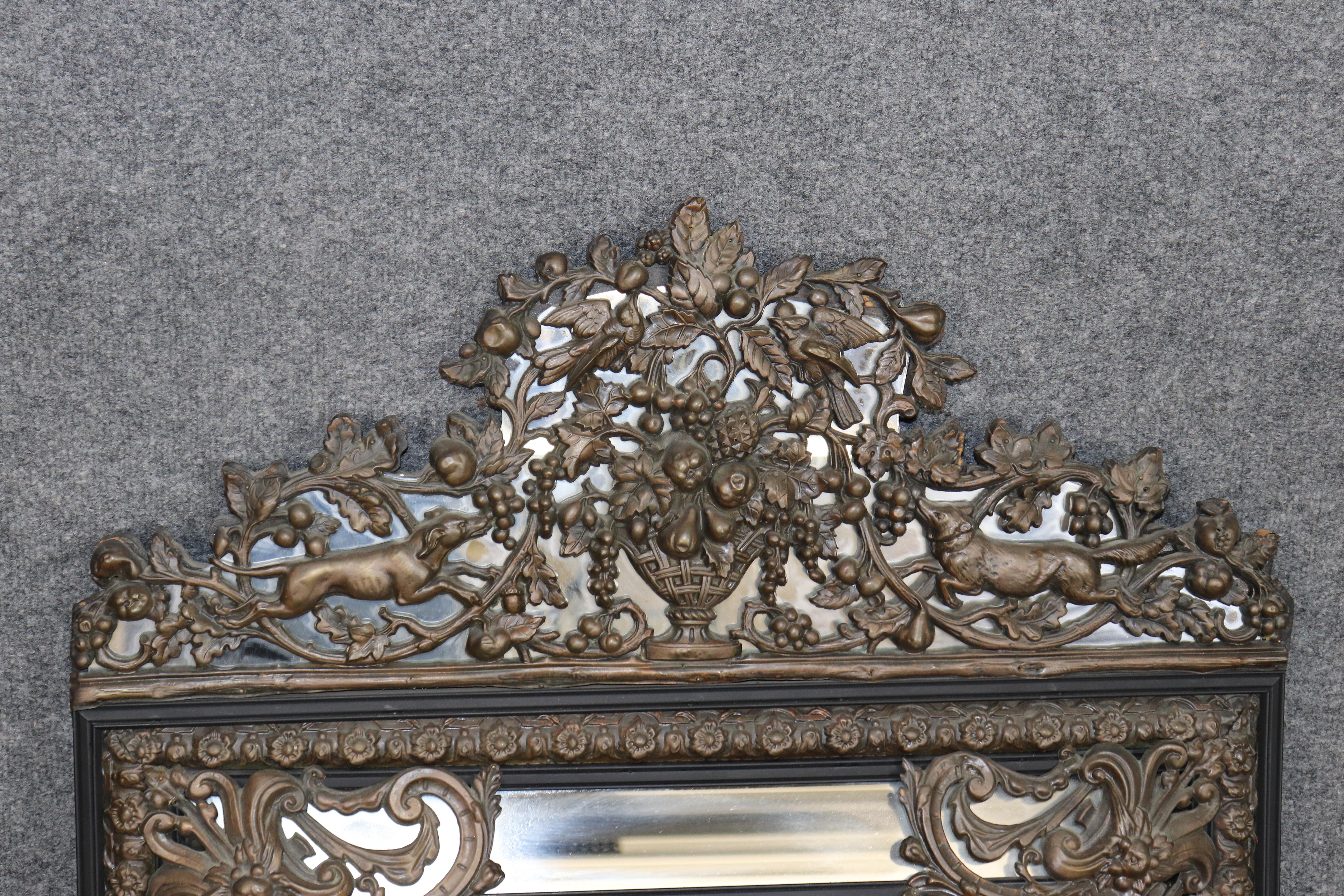 Belle Époque Dog Fox and Fruit Basket French Brass Repousee over Wood Wall Mirror circa 1900 For Sale