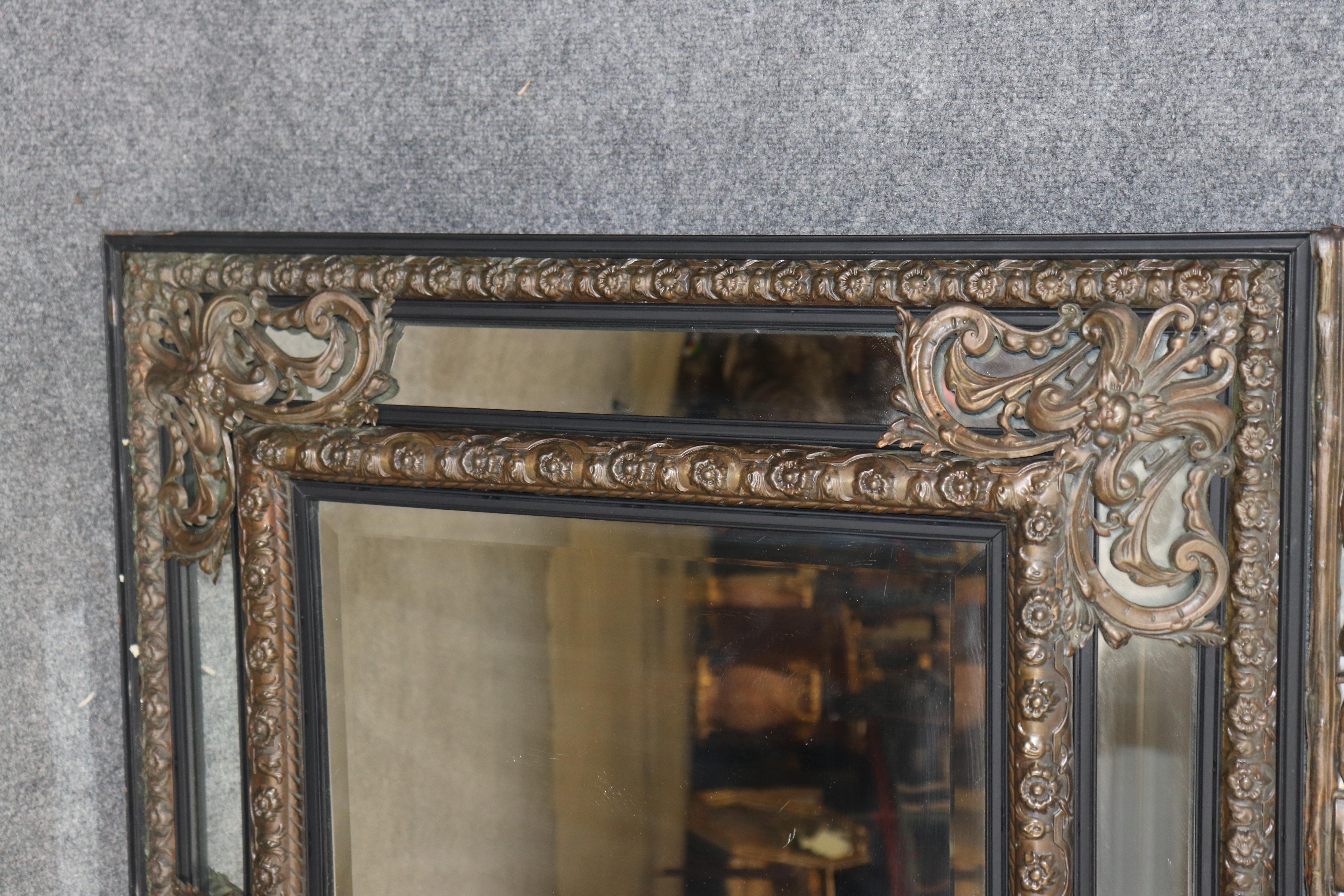 Dog Fox and Fruit Basket French Brass Repousee over Wood Wall Mirror circa 1900 In Good Condition For Sale In Swedesboro, NJ