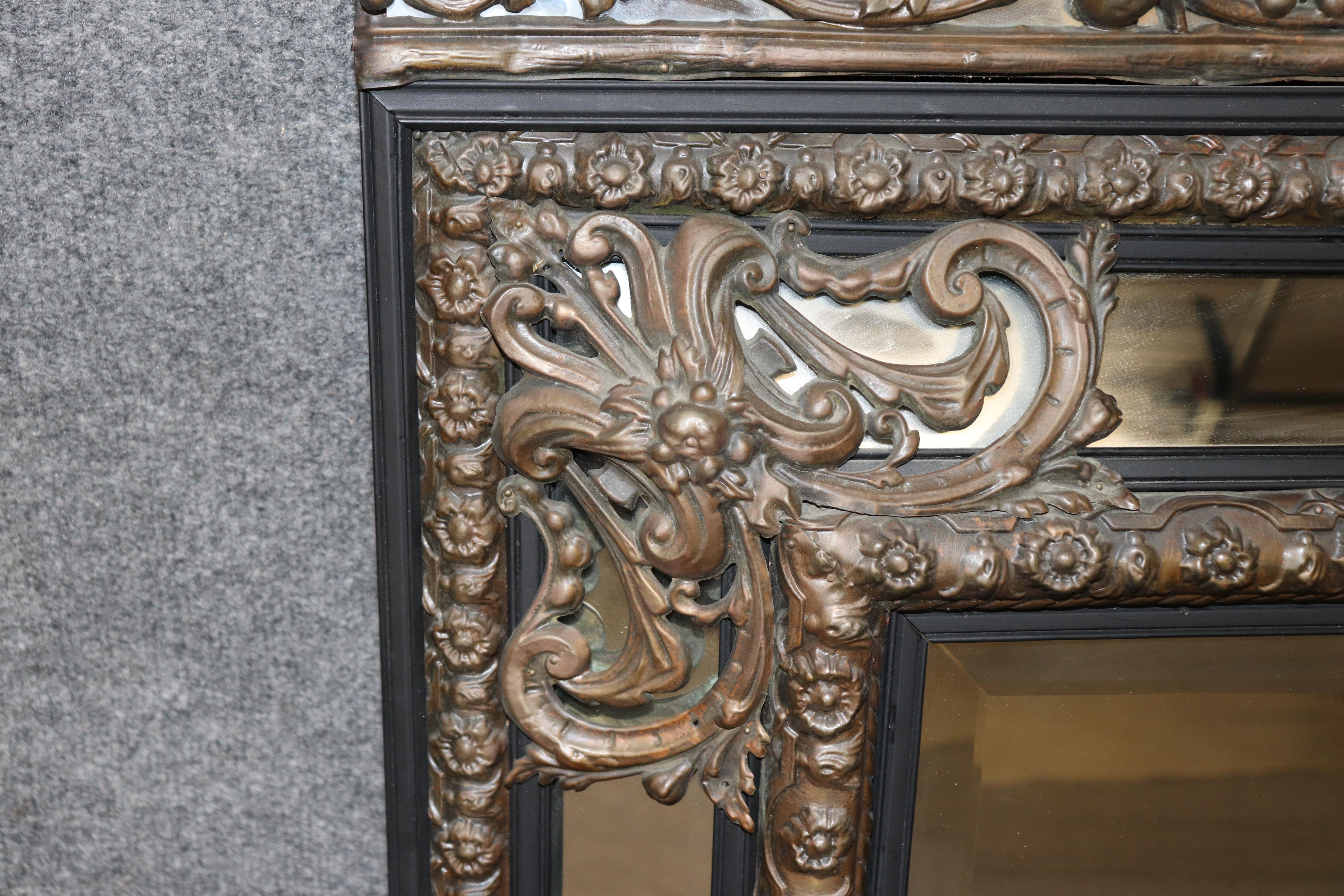 Early 20th Century Dog Fox and Fruit Basket French Brass Repousee over Wood Wall Mirror circa 1900 For Sale