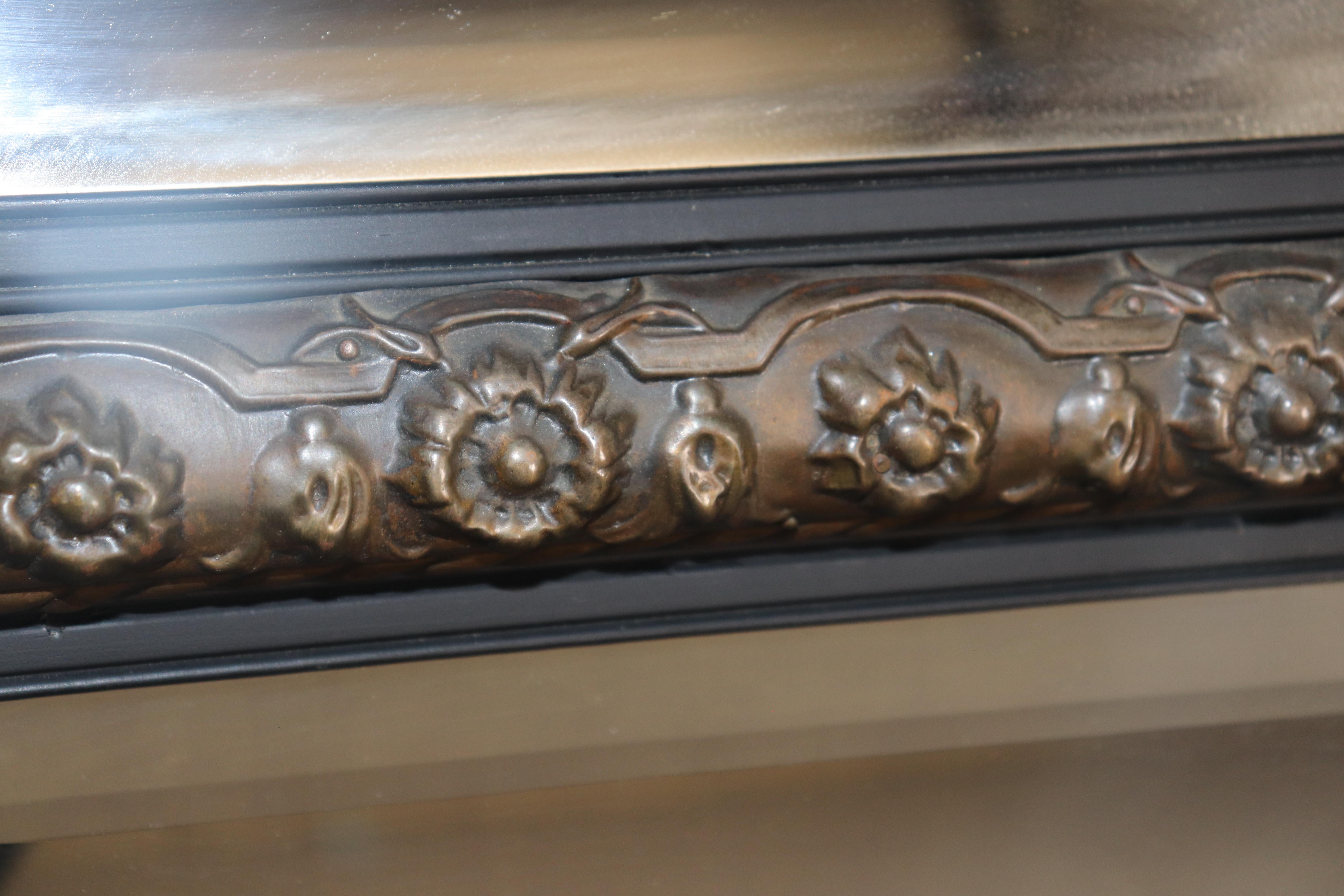 Dog Fox and Fruit Basket French Brass Repousee over Wood Wall Mirror circa 1900 For Sale 1