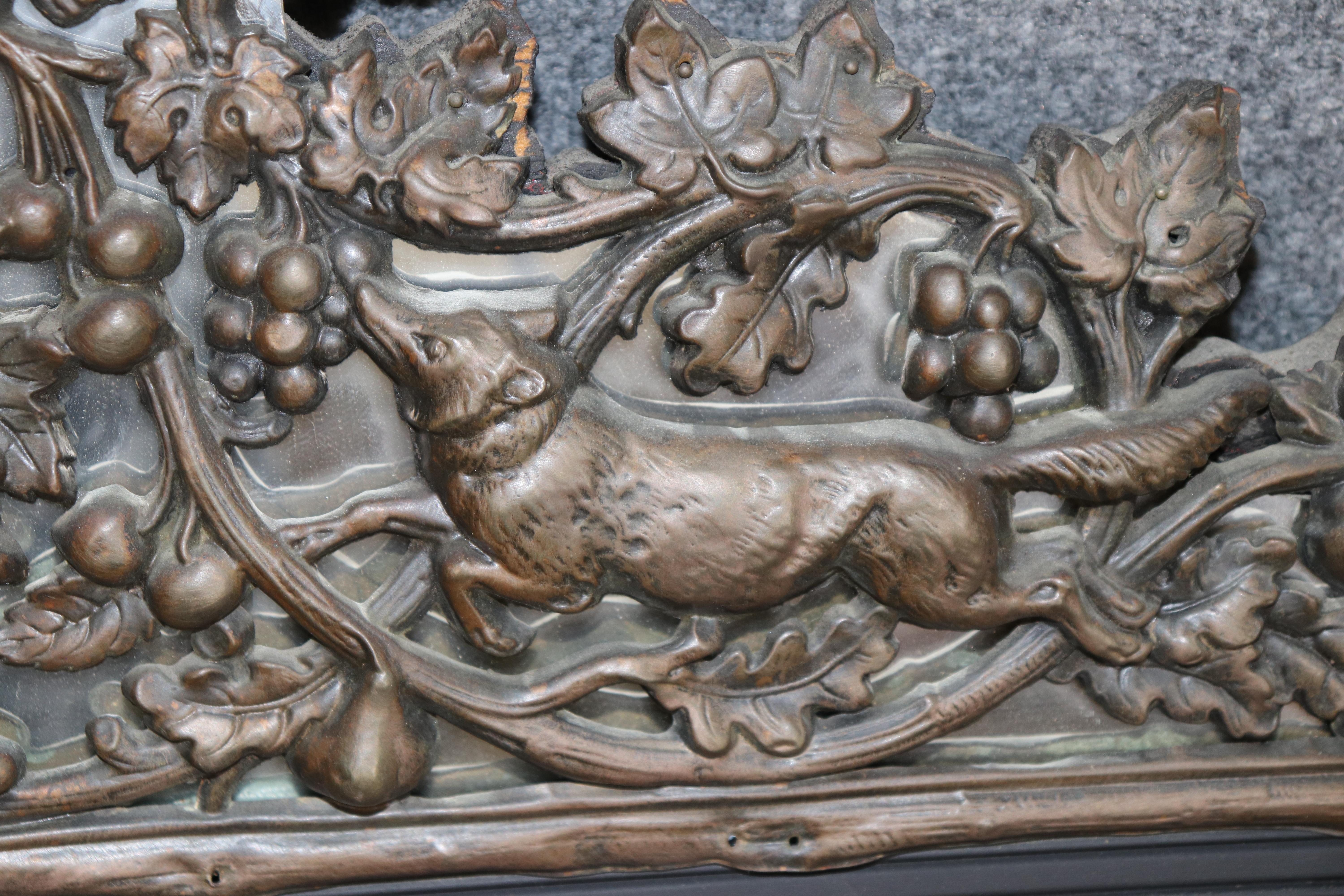 Dog Fox and Fruit Basket French Brass Repousee over Wood Wall Mirror circa 1900 For Sale 2