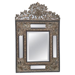 Dog Fox and Fruit Basket French Brass Repousee over Wood Wall Mirror circa 1900