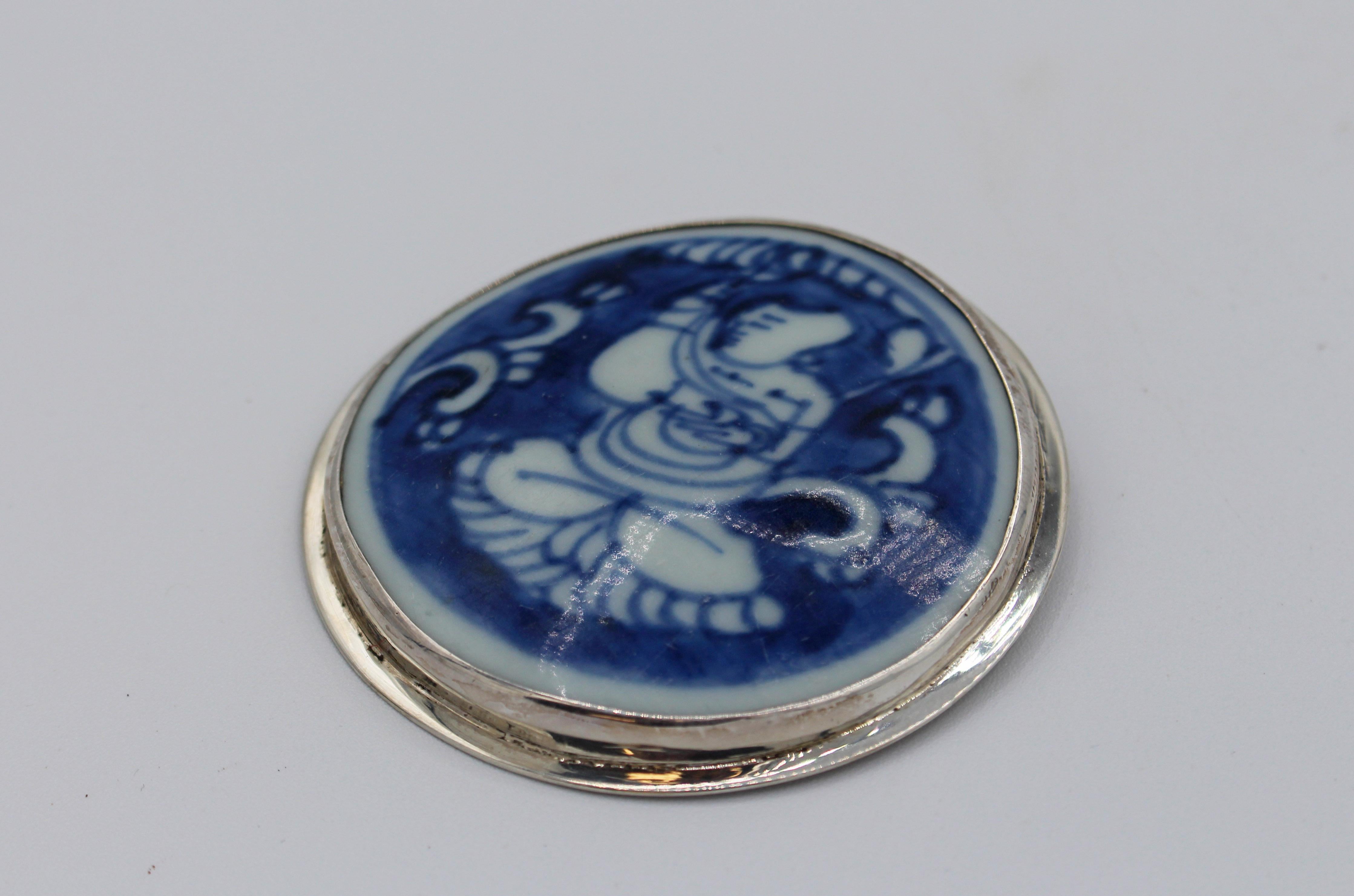 Thai Dog God in Blue Underglaze Porcelain & Sterling Pendant, Marked Siam, 925  For Sale