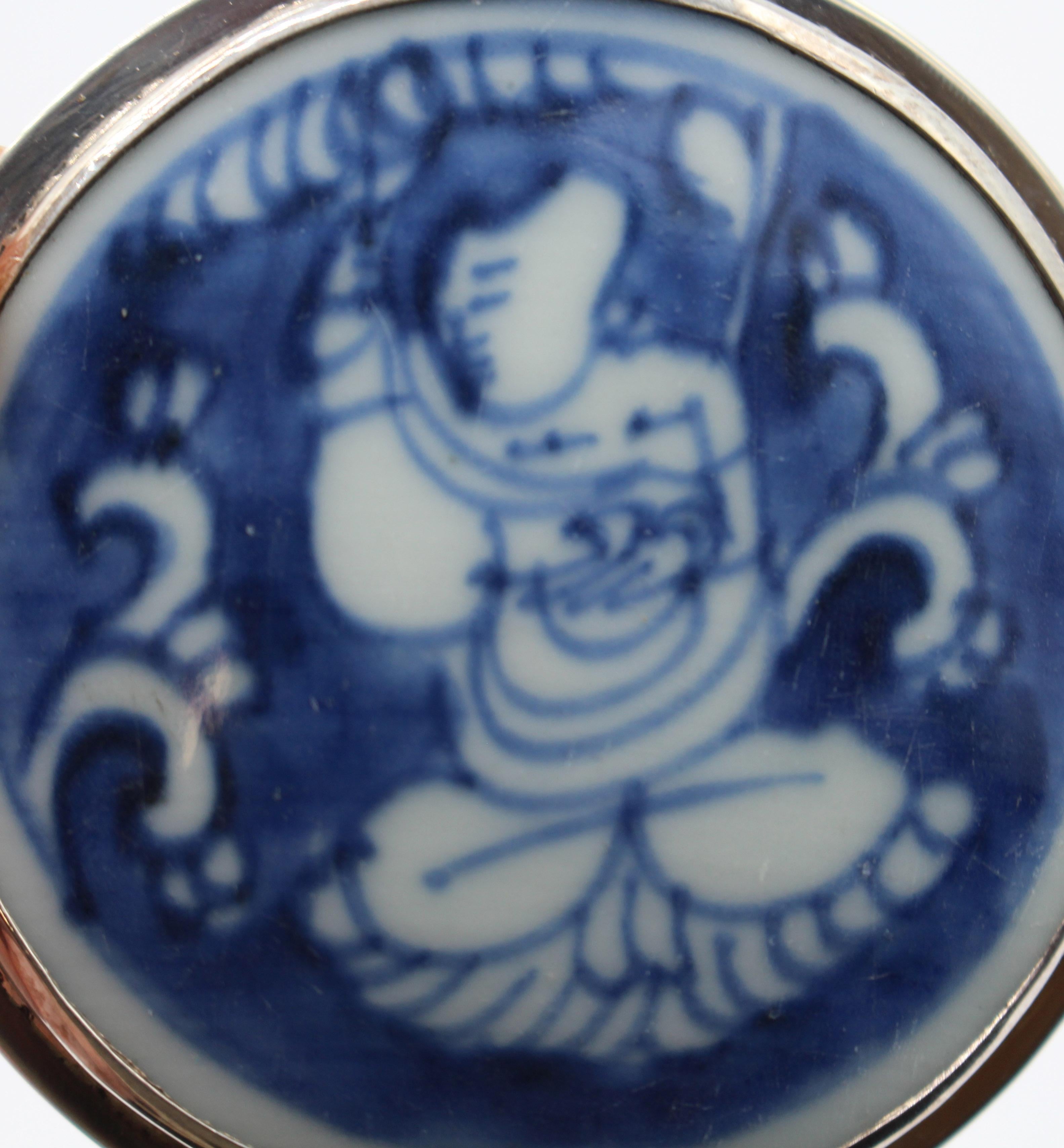 20th Century Dog God in Blue Underglaze Porcelain & Sterling Pendant, Marked Siam, 925  For Sale