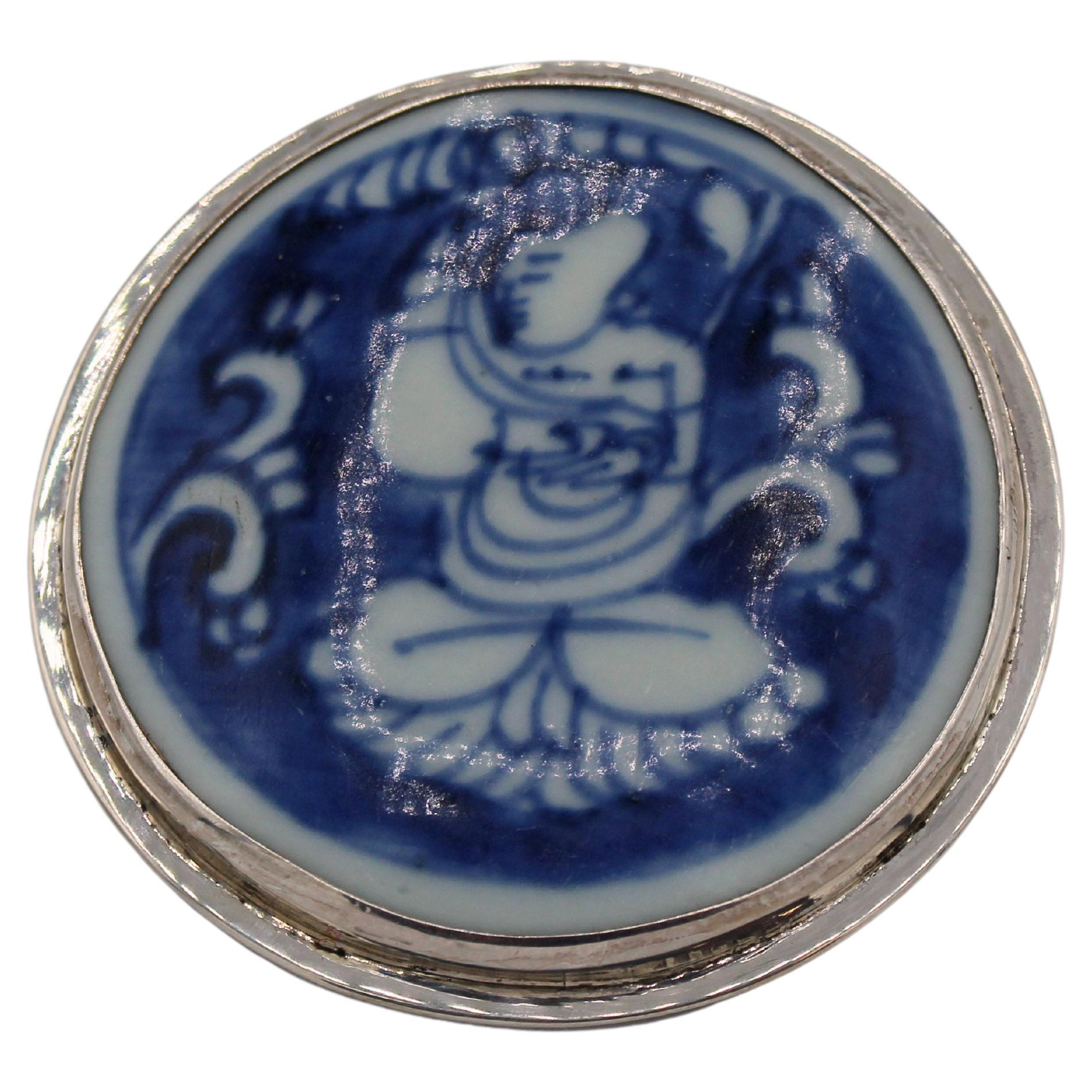 Dog God in Blue Underglaze Porcelain & Sterling Pendant, Marked Siam, 925  For Sale