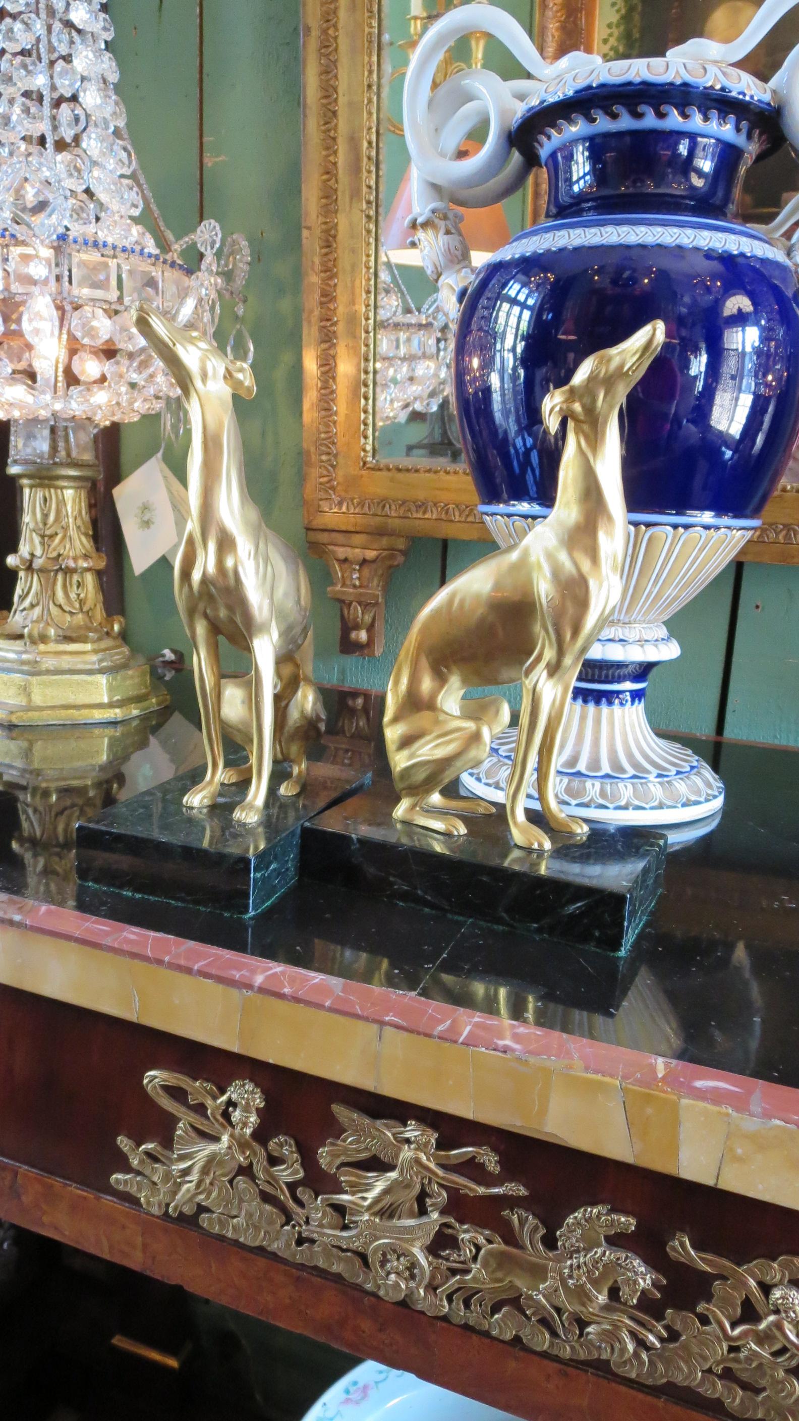 Dog Greyhound Bookends Sculptures on Marble Base Style Art Deco Silvered Bronze  5