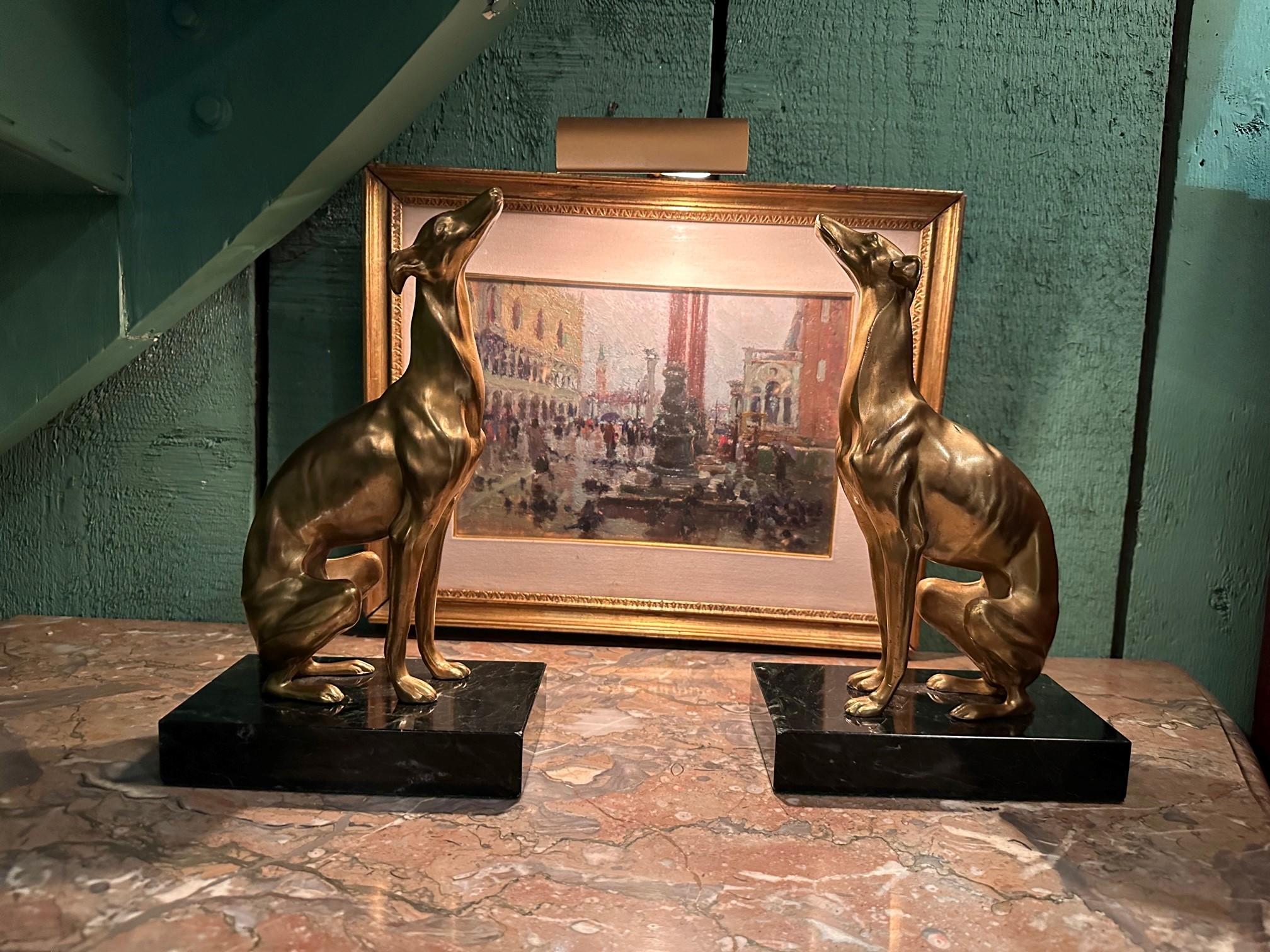 Dog Greyhound Bookends Sculptures on Marble Base Style Art Deco Silvered Bronze 7