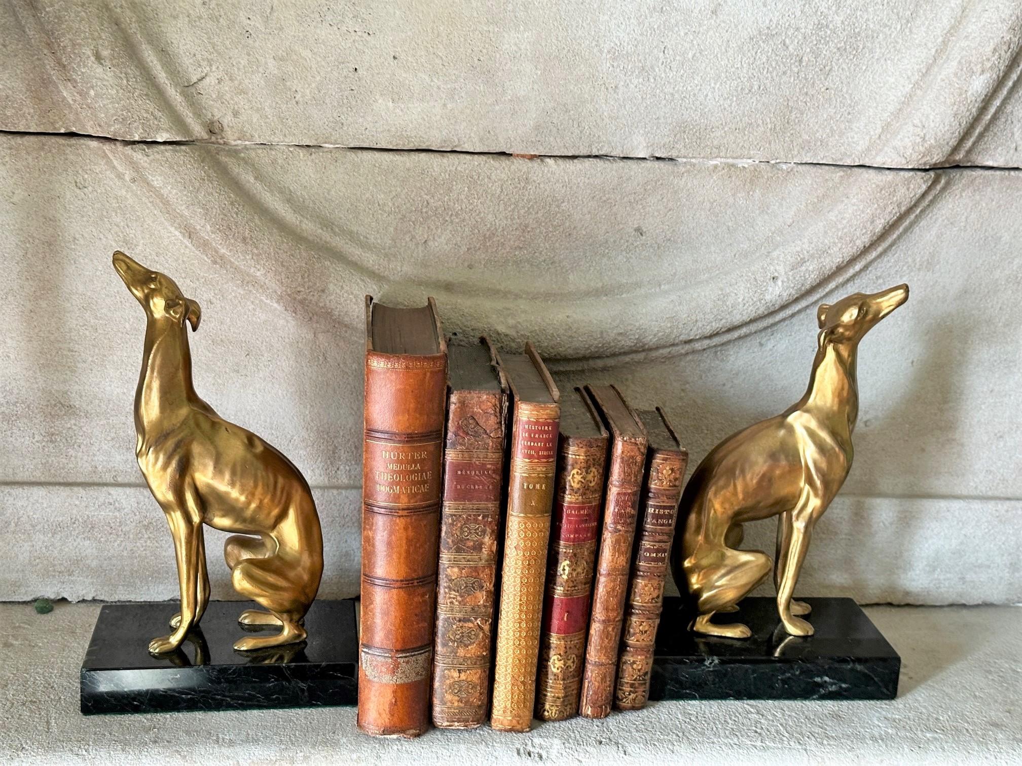 Dog Greyhound Bookends Sculptures on Marble Base Style Art Deco Silvered Bronze 9