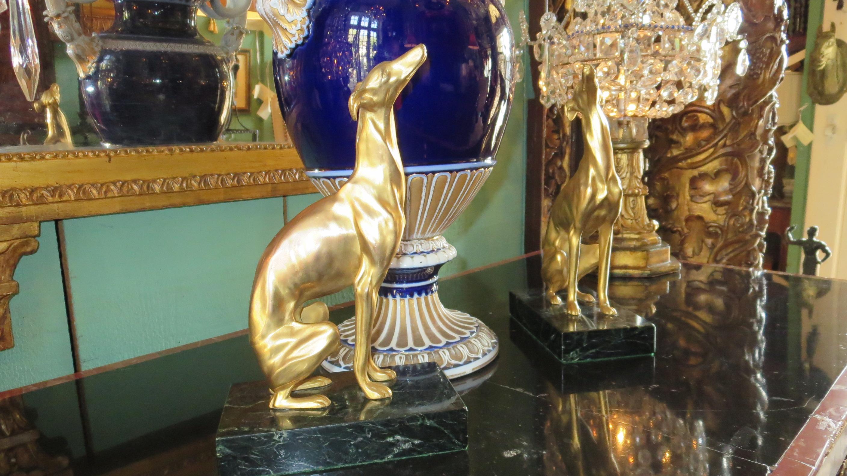 Gilt Dog Greyhound Bookends Sculptures on Marble Base Style Art Deco Silvered Bronze 