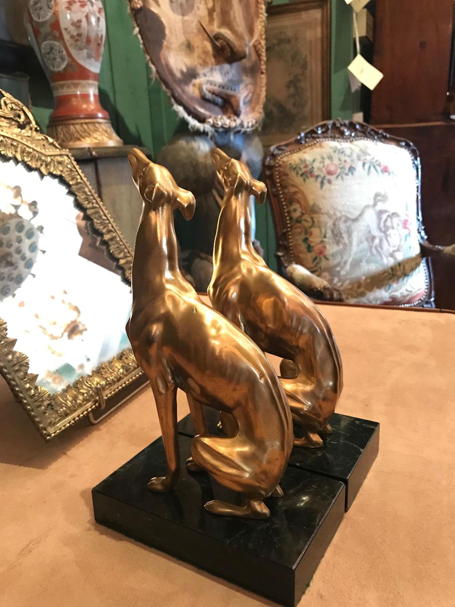 Dog Greyhound Bookends Sculptures on Marble Base Style Art Deco Silvered Bronze  1