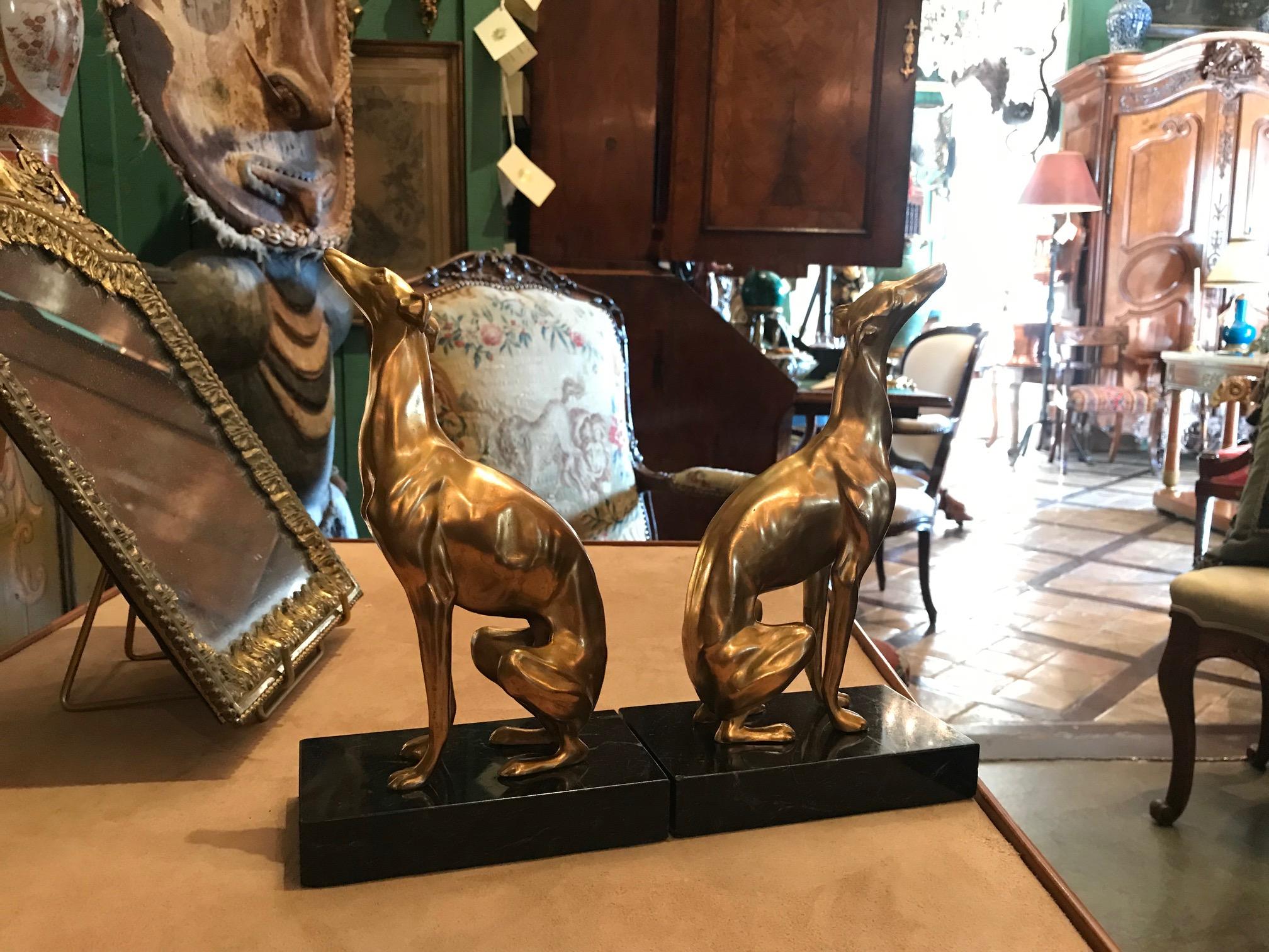 Dog Greyhound Bookends Sculptures on Marble Base Style Art Deco Silvered Bronze 3