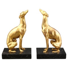 Dog Greyhound Bookends Sculptures on Marble Base Style Art Deco Silvered Bronze