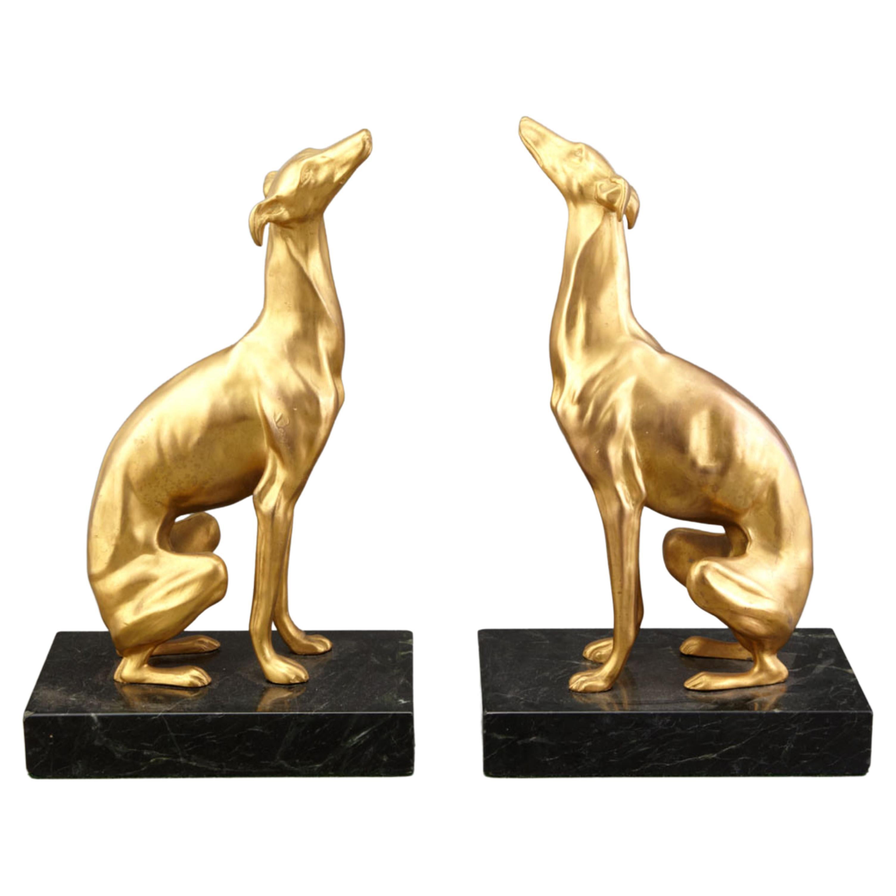Dog Greyhound Bookends Sculptures on Marble Base Style Art Deco