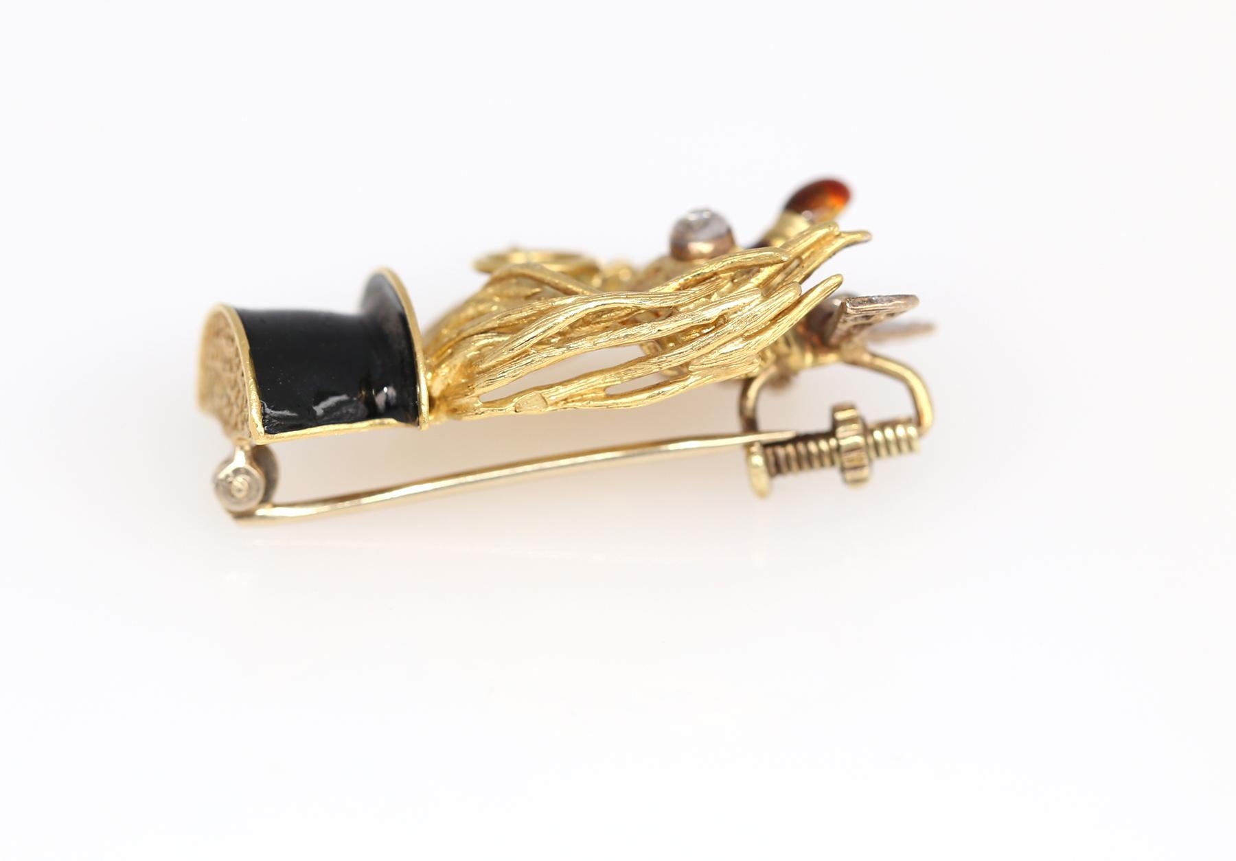 Dog High Hat Black Enamel Cigar Diamonds Yellow Gold Brooch, 1950 In Good Condition In Herzelia, Tel Aviv