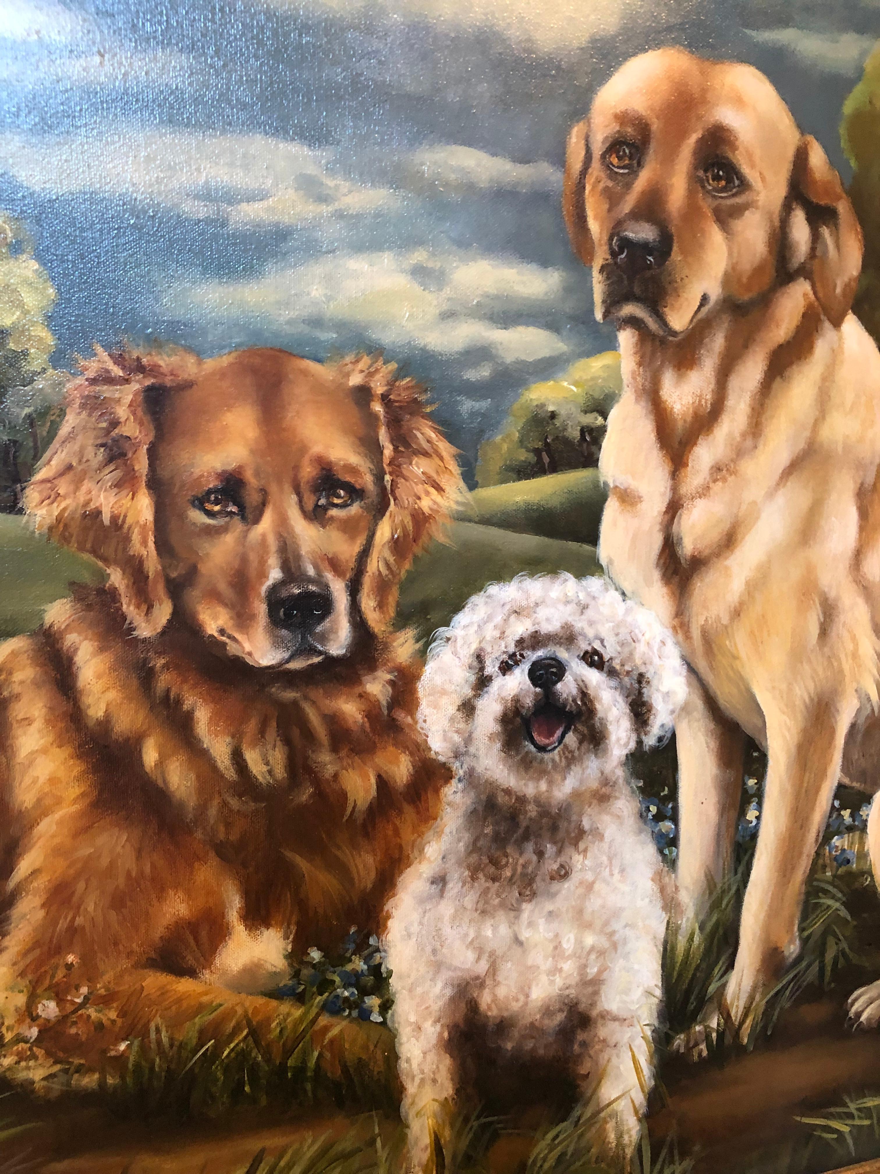 Wonderful portrait of 3 loyal pooches in old world style framed in a carved giltwood molding. Their glistening eyes and soft shiny fur with melt your heart!
Unsigned. Canvas is 35.5 x 23.