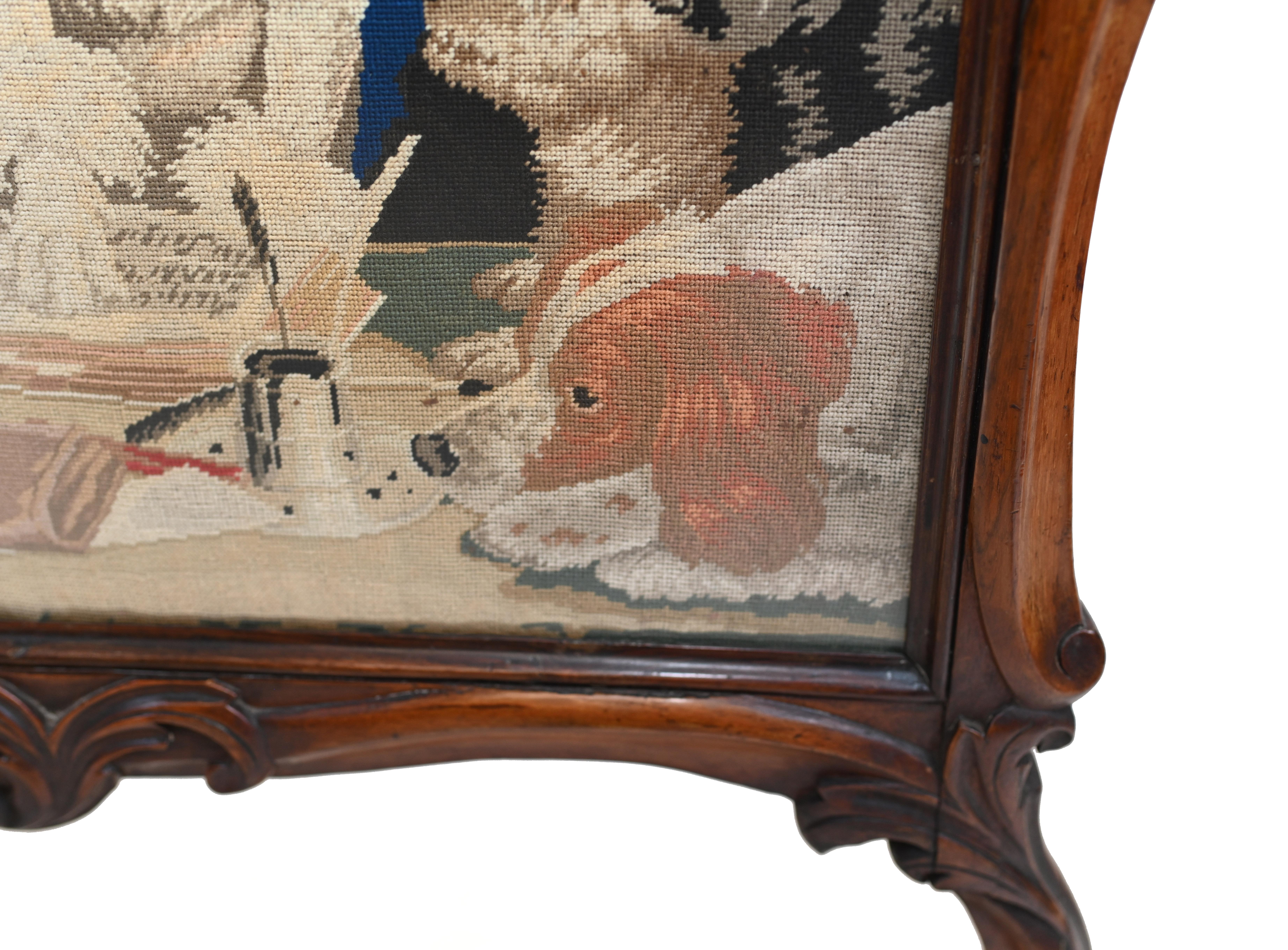 Mahogany Dog Needlepoint Tapestry Screen Trial By Jury by Landseer Chatsworth