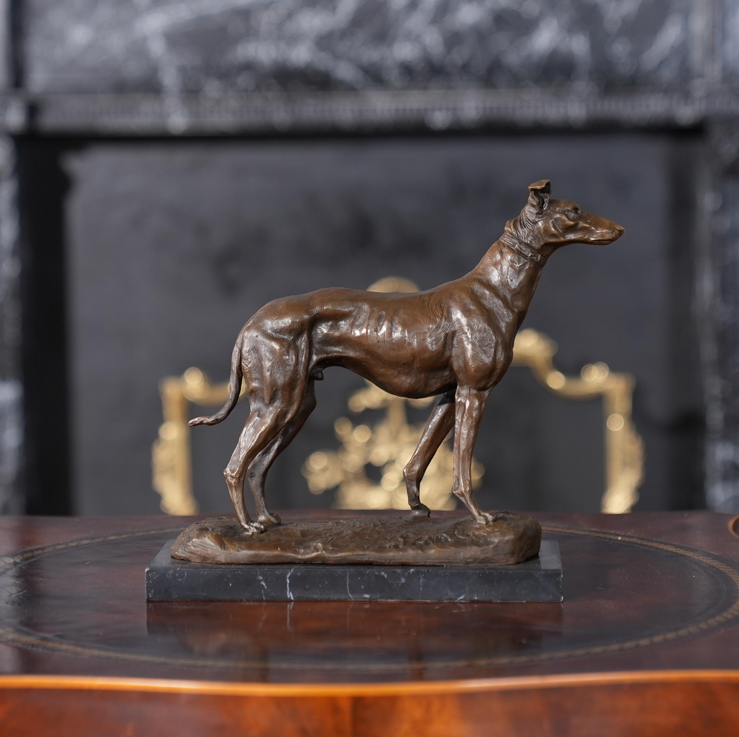 Graceful even when standing still the Dog on Marble Base is a striking addition to any setting. Using traditional lost wax casting methods the Dog on Marble Base statue is created in pieces and then joined together with brazing and hand chaised