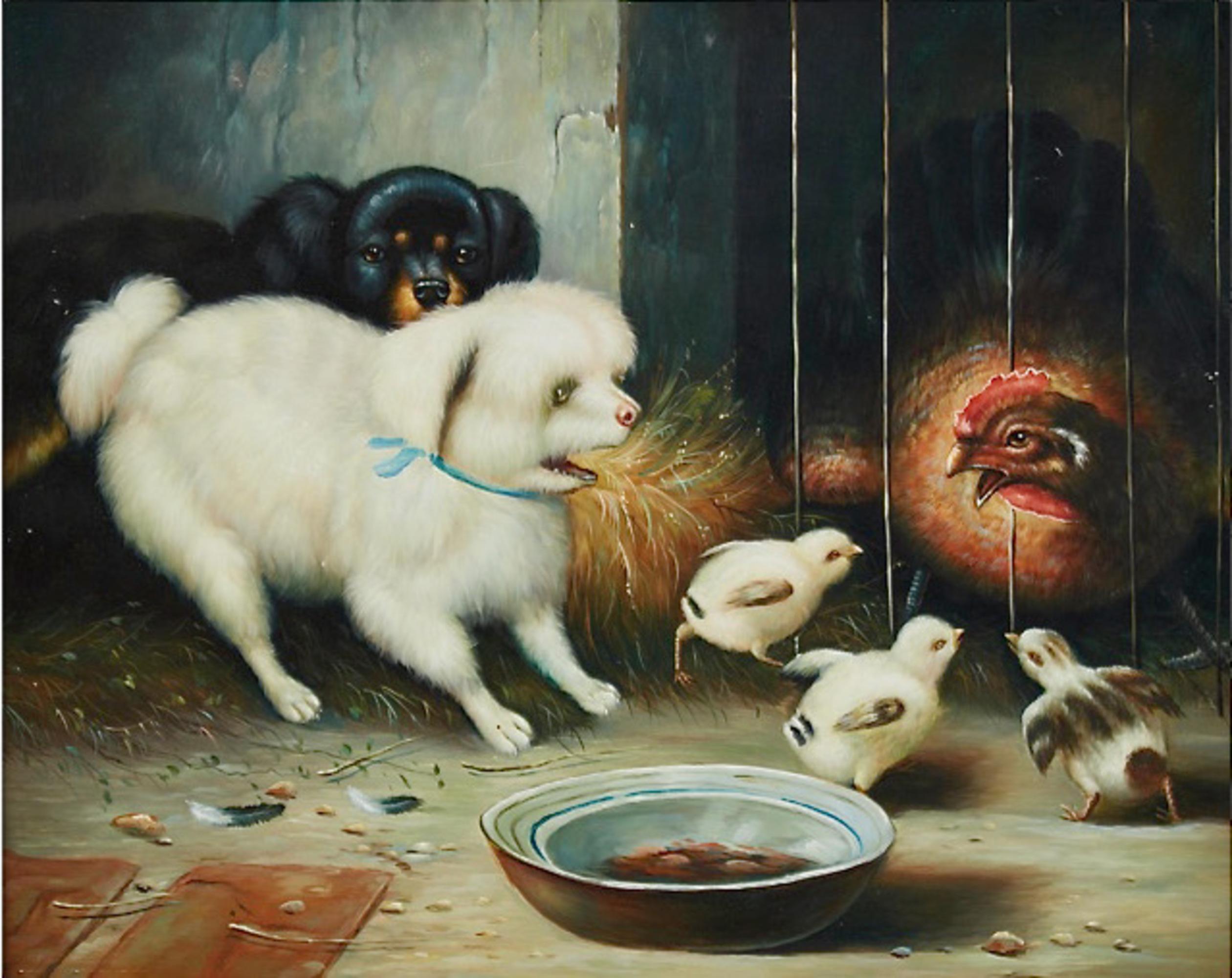This is a charming barn scene of a mother hen defending her chicks against a pair of small dogs derives its inspiration from the famous Dutch/Belgium animal painter Henriett Ronner-Knip (1821-1909). The fluffy little white guy is quite adventurous
