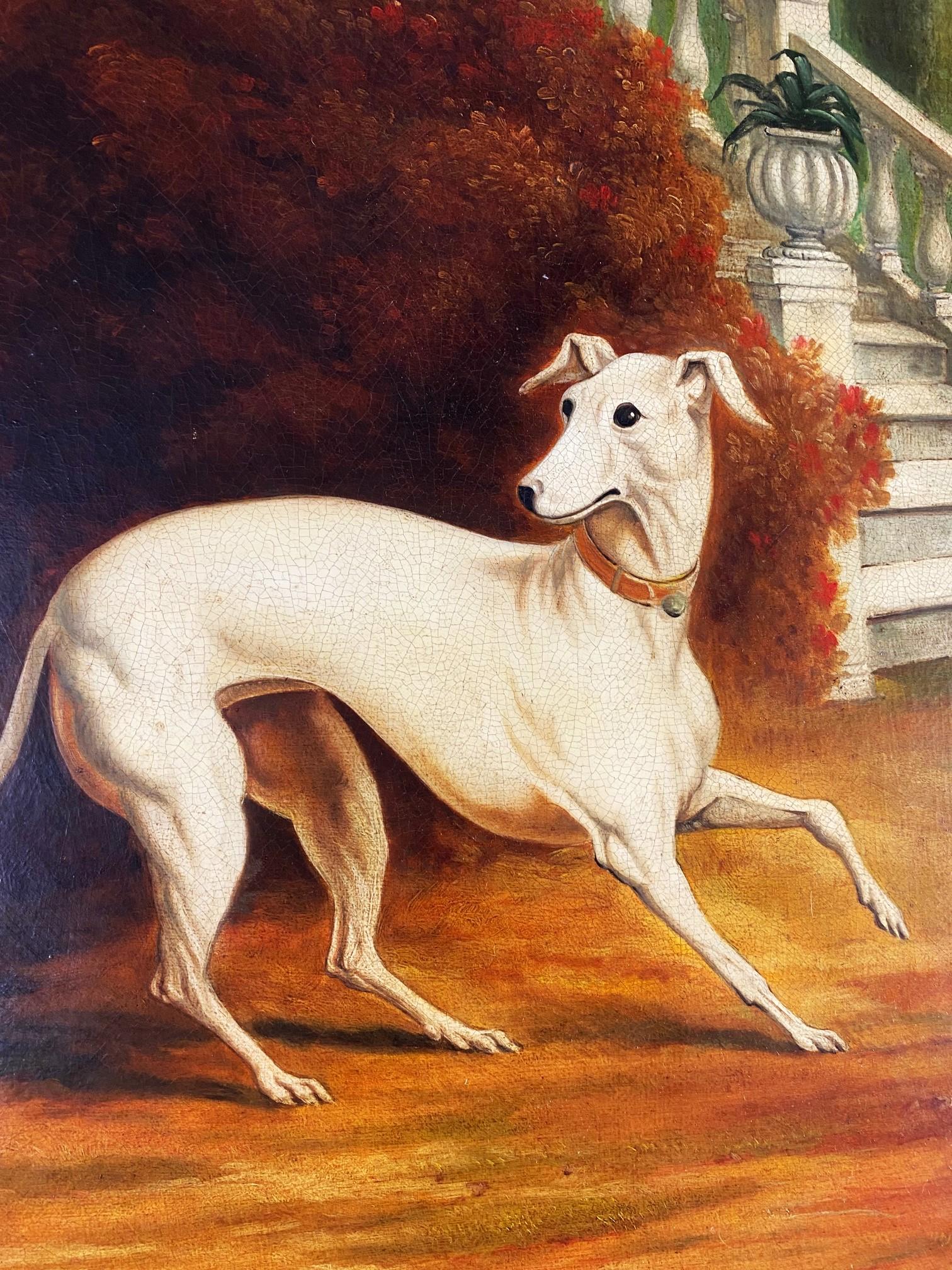 An oil on canvas painting of a dog and her pups playing on English garden steps. The frame is in wood with green and gold colors. 27
