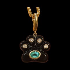 Dog Paw Pendant, Black Onyx, Diamonds, Emerald & 14k Gold