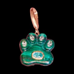 Dog Paw Pendant, Malachite with Diamonds, Emerald & 14k Gold