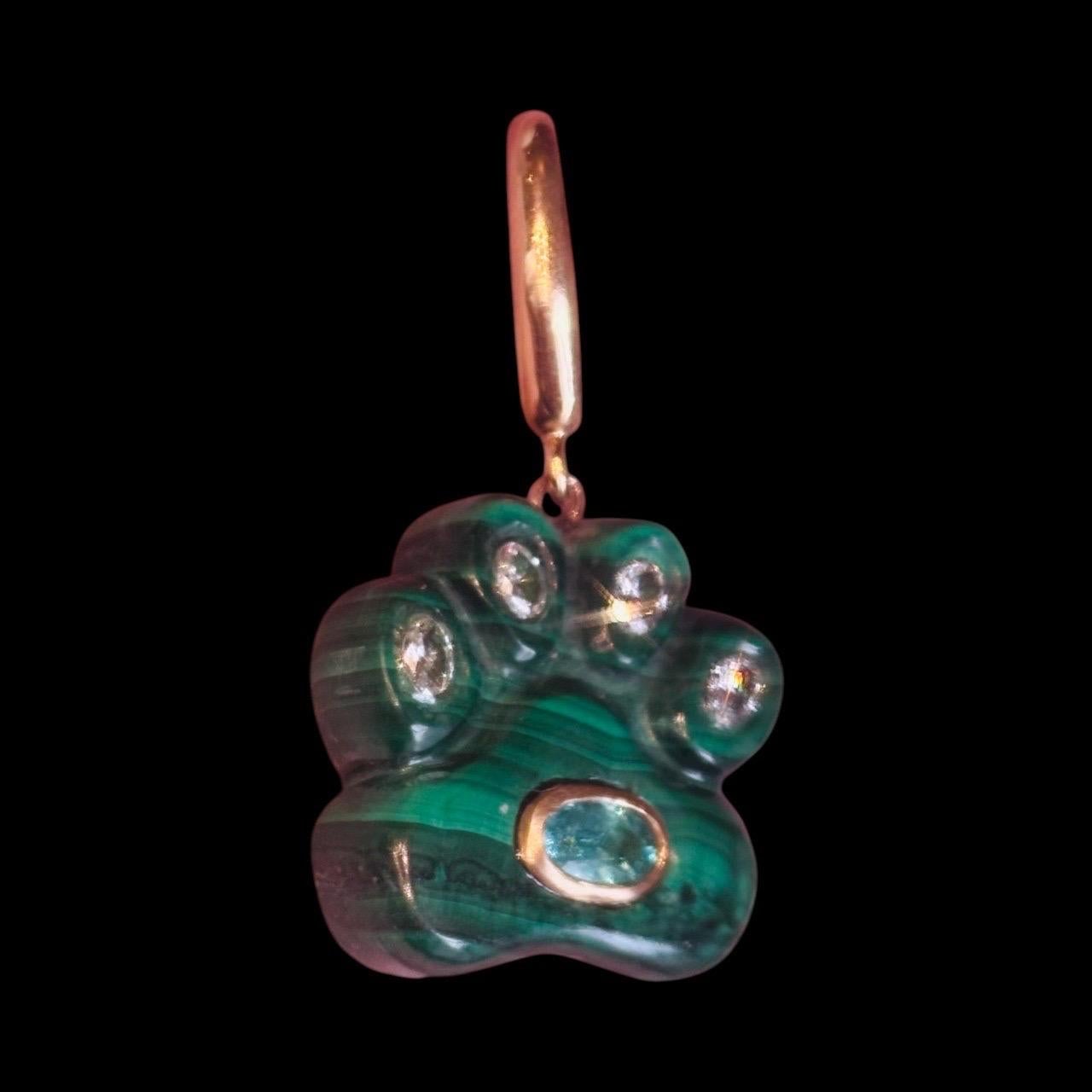 Dog Paw Pendant, Malachite with Diamonds, Emerald & 14k Gold For Sale 3