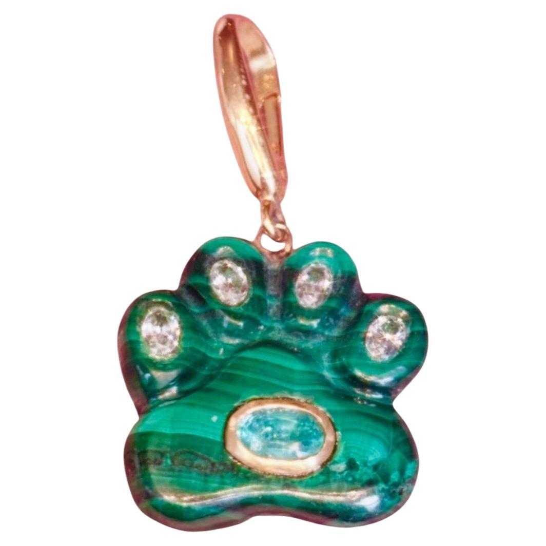 Dog Paw Pendant, Malachite with Diamonds, Emerald 
14k Gold For Sale