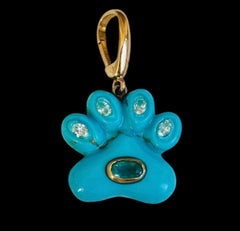 Dog Paw Pendant, Turquoise with Diamonds, Emerald & 14k Gold