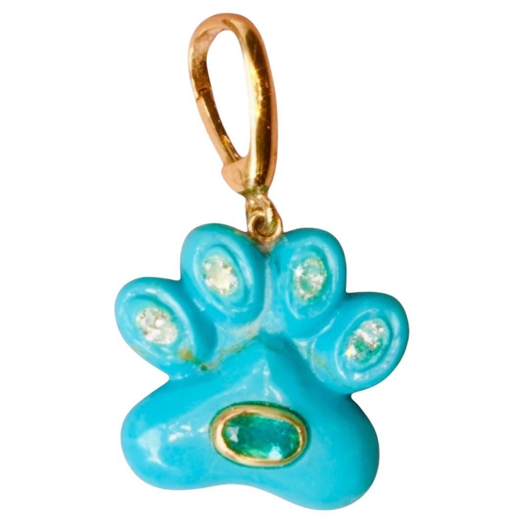 Dog Paw Pendant, Turquoise with Diamonds, Emerald
14k Gold