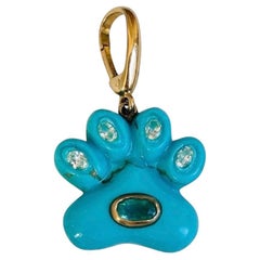 Dog Paw Pendant, Turquoise with Diamonds, Emerald & 14k Gold