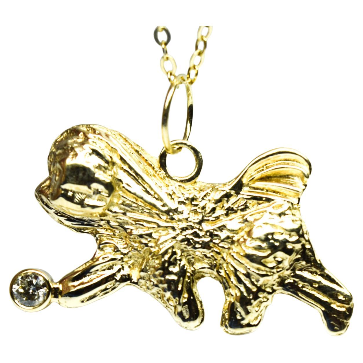 Dog pendant Diamond pendant 14 Karat Gold pendant 18" chain For Sale