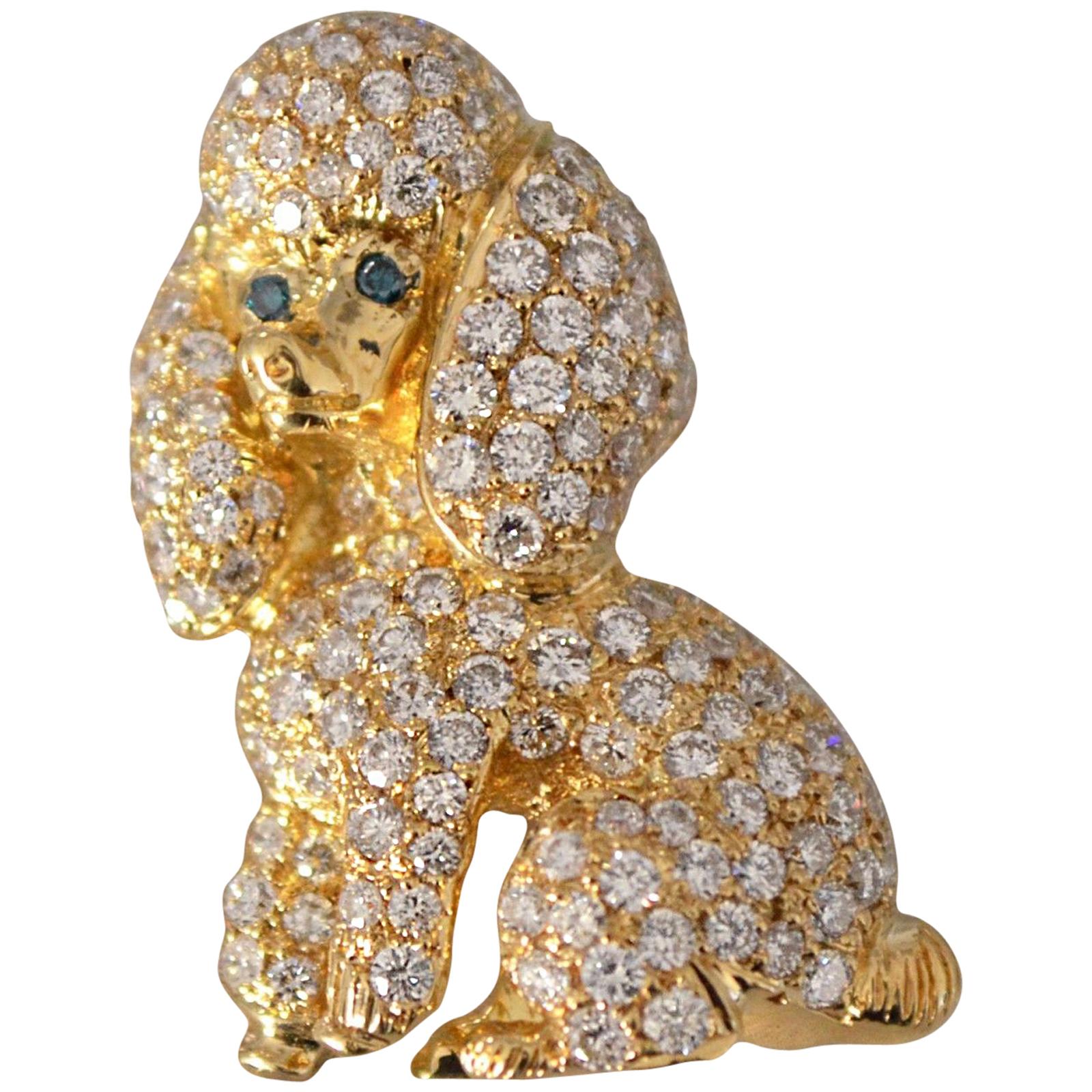 Dog Poodle Custom Brooch 18 Karat Gold and Diamond 2+ Carat Diamonds