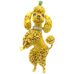 Dog Poodle French Brooch 18 Karat Gold Diamond Ruby Sapphire Emerald