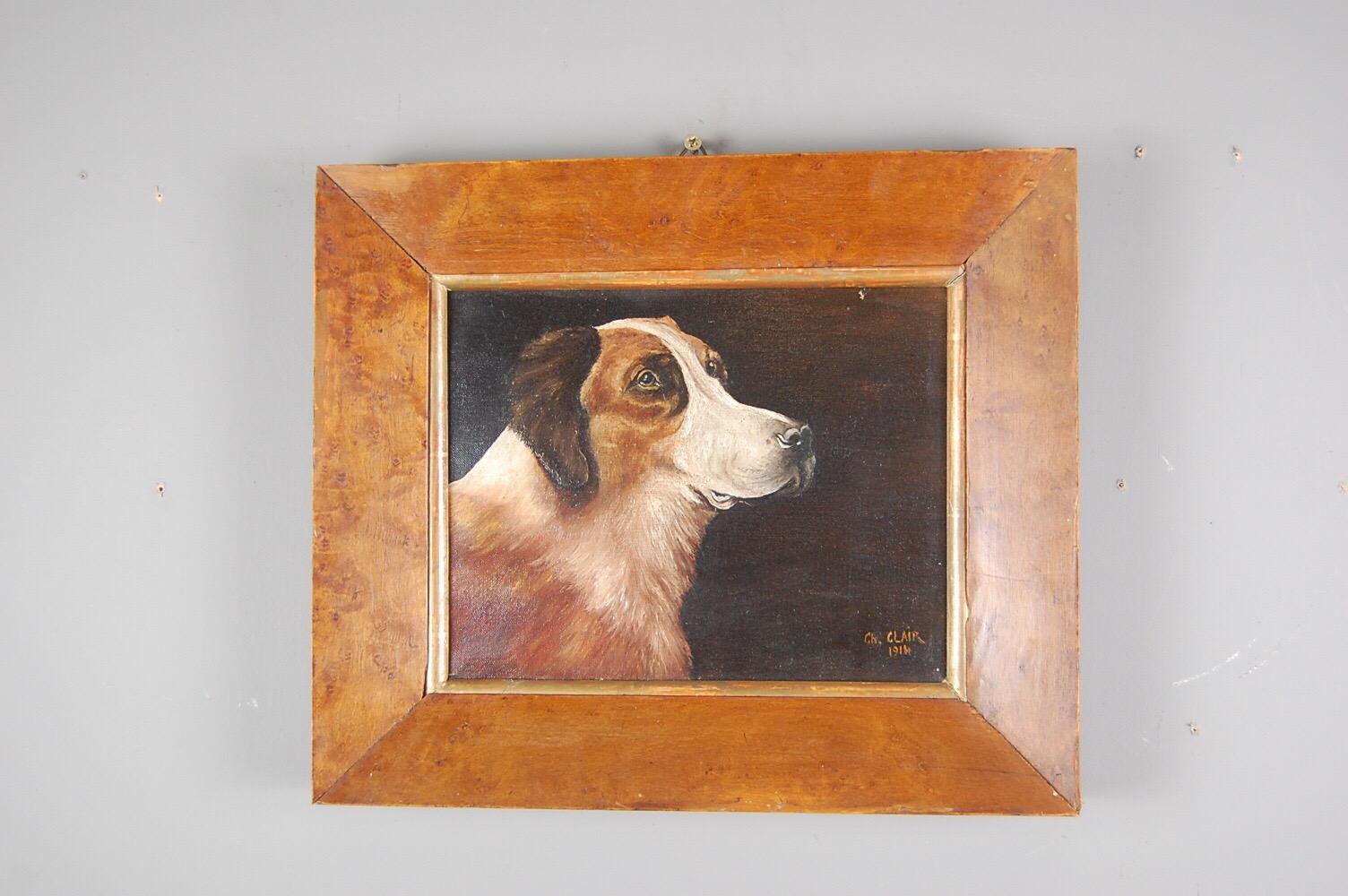 Dog Portrait Oil on Canvas by Charles Clair, 1914 In Good Condition In Pease pottage, West Sussex