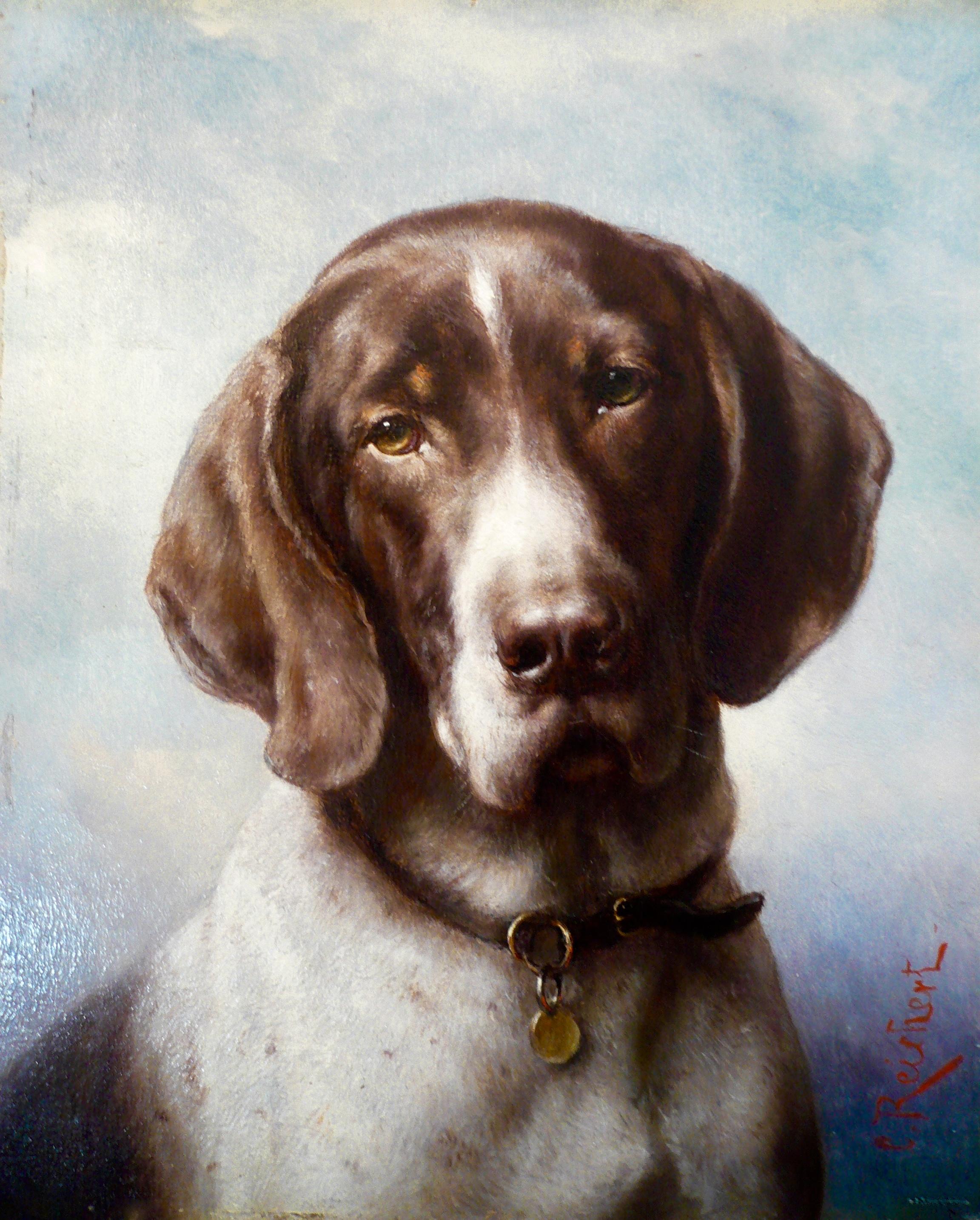 Austrian Dog Portrait, Oil on Panel by Carl Reichert of a German Shorthaired Pointer