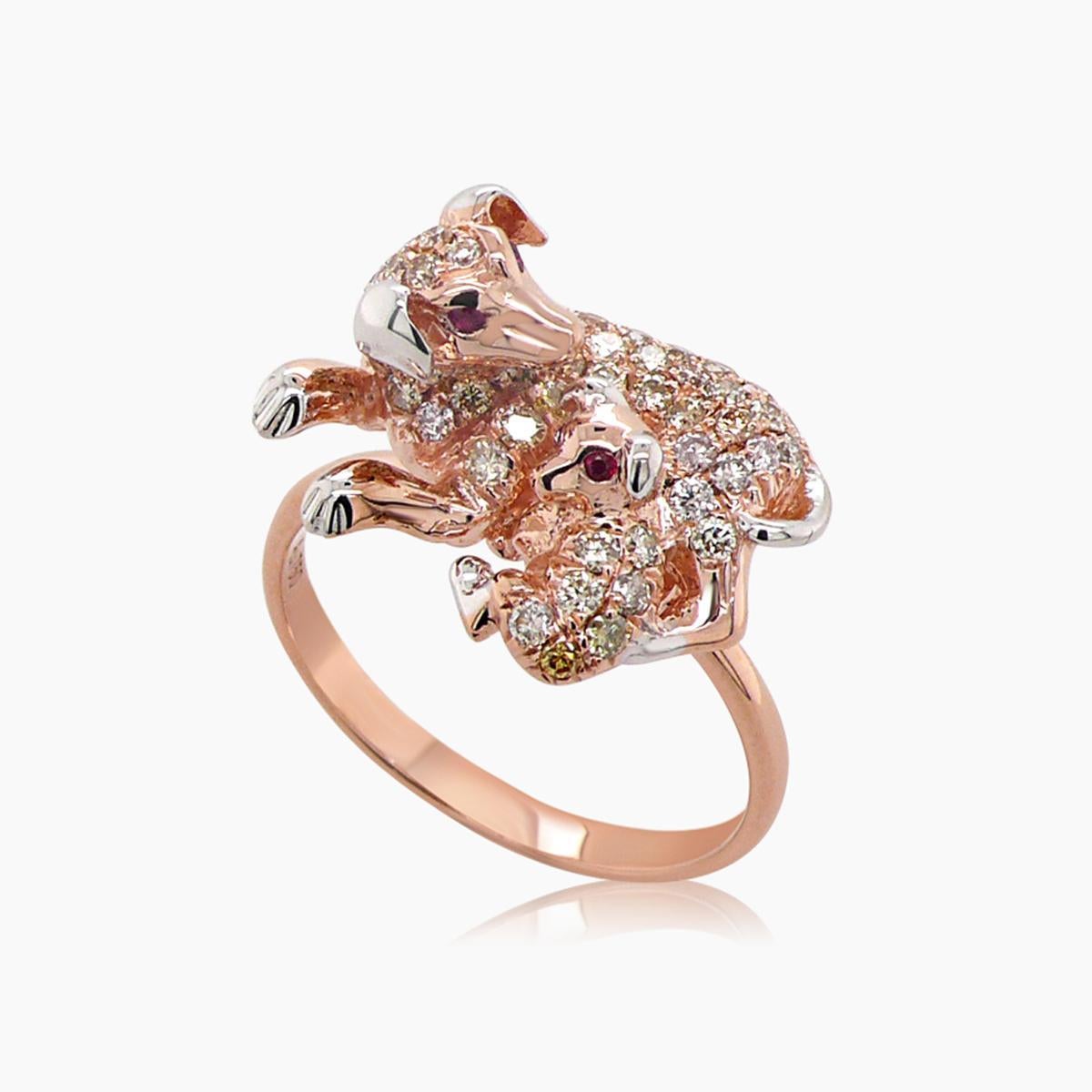 Dog Puppy Daschound Fancy Diamond & Ruby 18K Rose Gold Animal Ring In New Condition For Sale In Oakton, VA