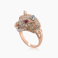 Dog Puppy Wolf Diamond Pave & Ruby 18K Rose White Gold Animal Ring