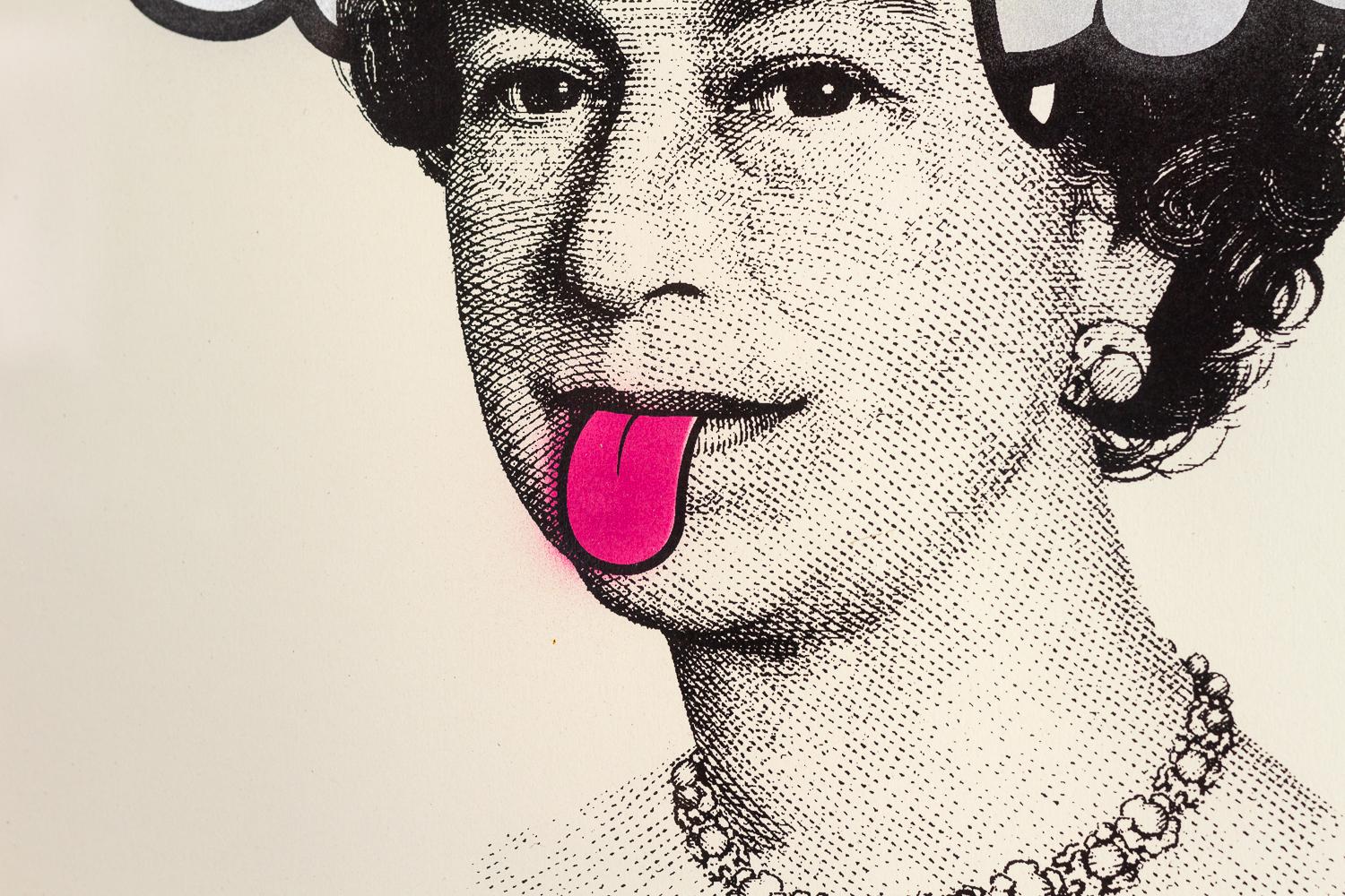 Dog Save The Queen by D*Face
Urban Graffiti Art screen-print on woven paper, signed in pencil, numbered 211/250. Silver ears edition. Very good condition.
Please note, this piece is not framed. Poster will be shipped securely in an art tube.