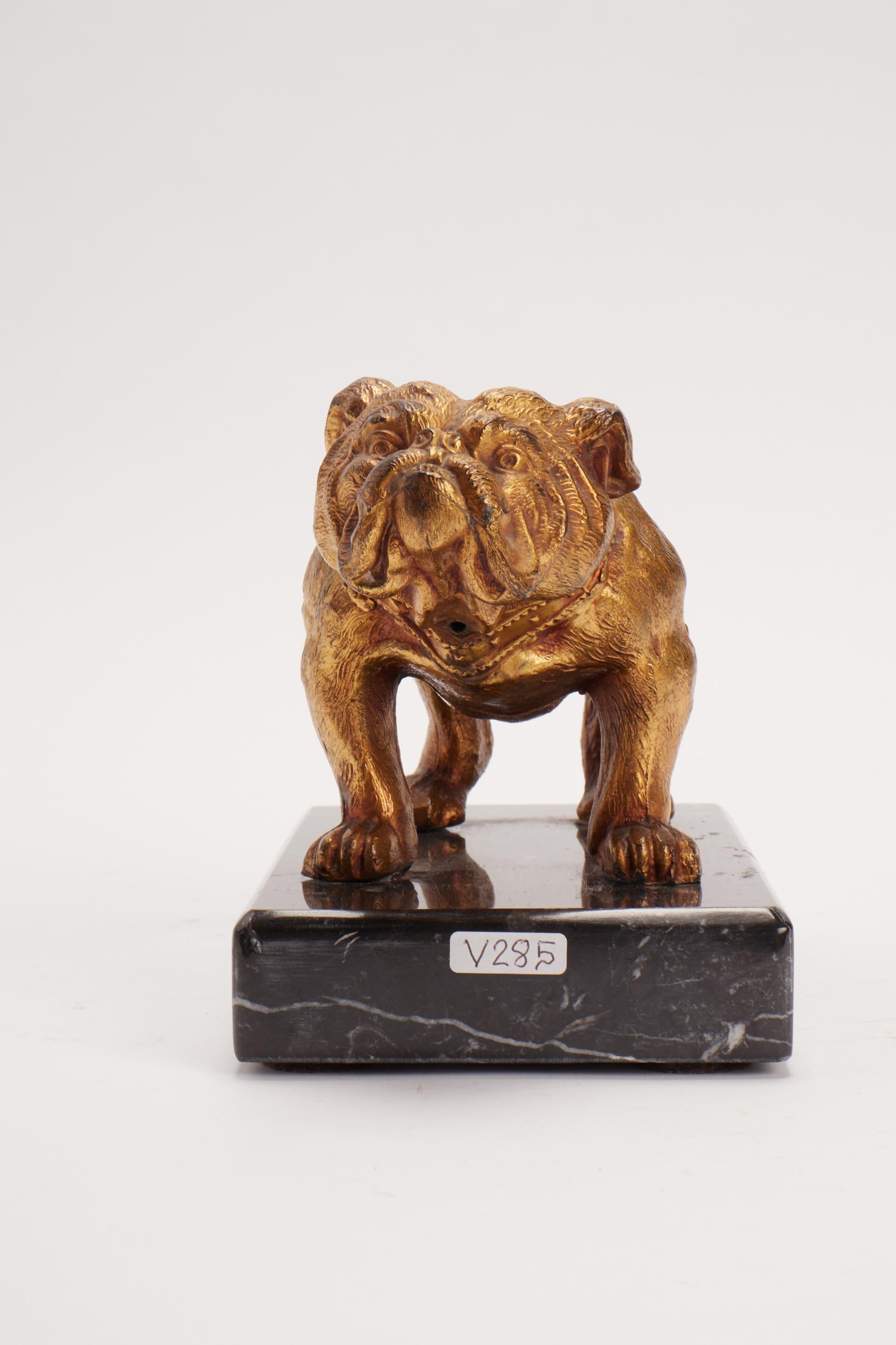 : A Painted white metal sculpture depicting an English Bulldog over a Black veined marble. Signed J.B. America 1890 ca.