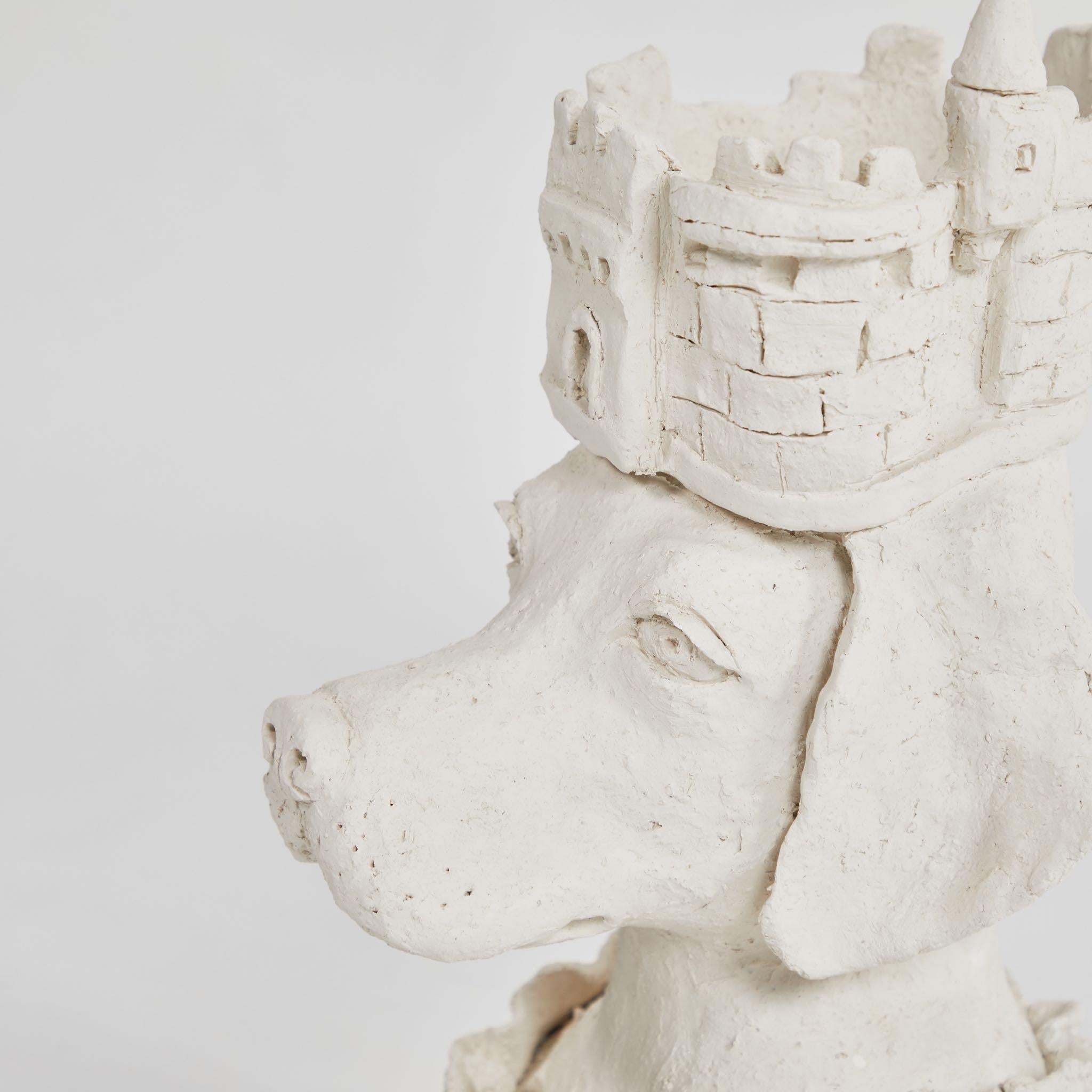 French Dog Sculpture with Crown in Plaster