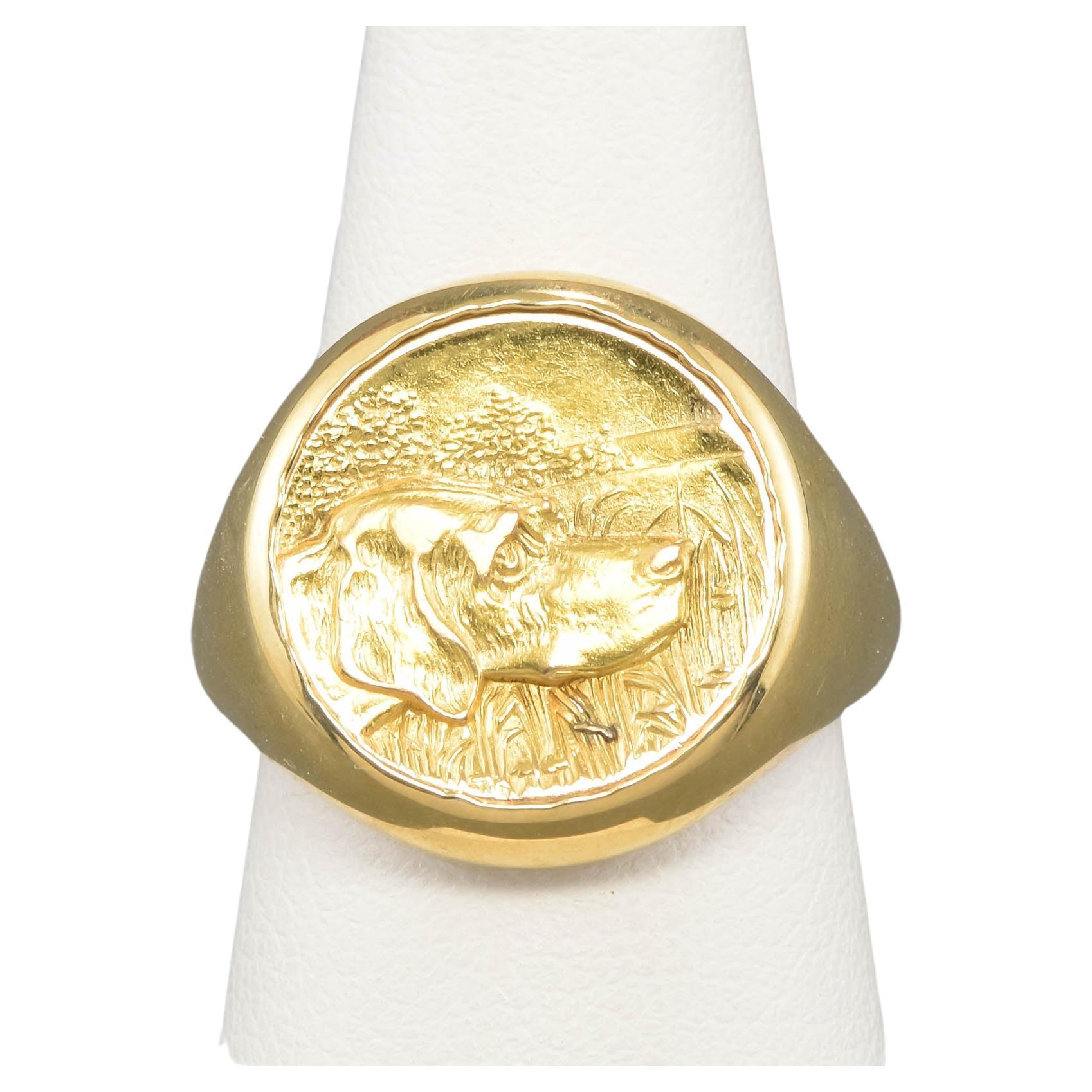 Dog Signet Ring in 14k Gold, Substantial Art Nouveau Design For Sale