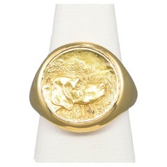 Bague sigillaire en or 14 carats avec chien, design Art nouveau substantiel