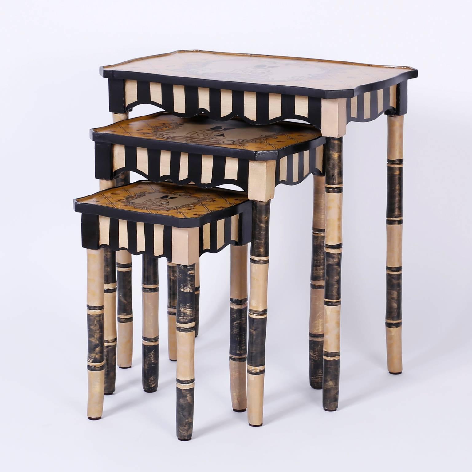 Whimsical nest of tables crafted in wood having hand-painted dogs or Boston Terriers in a center cartouche surrounded by flowers and bees in a yellow background. The striped, turned legs add to the merriment.

Dimensions of tables, largest to